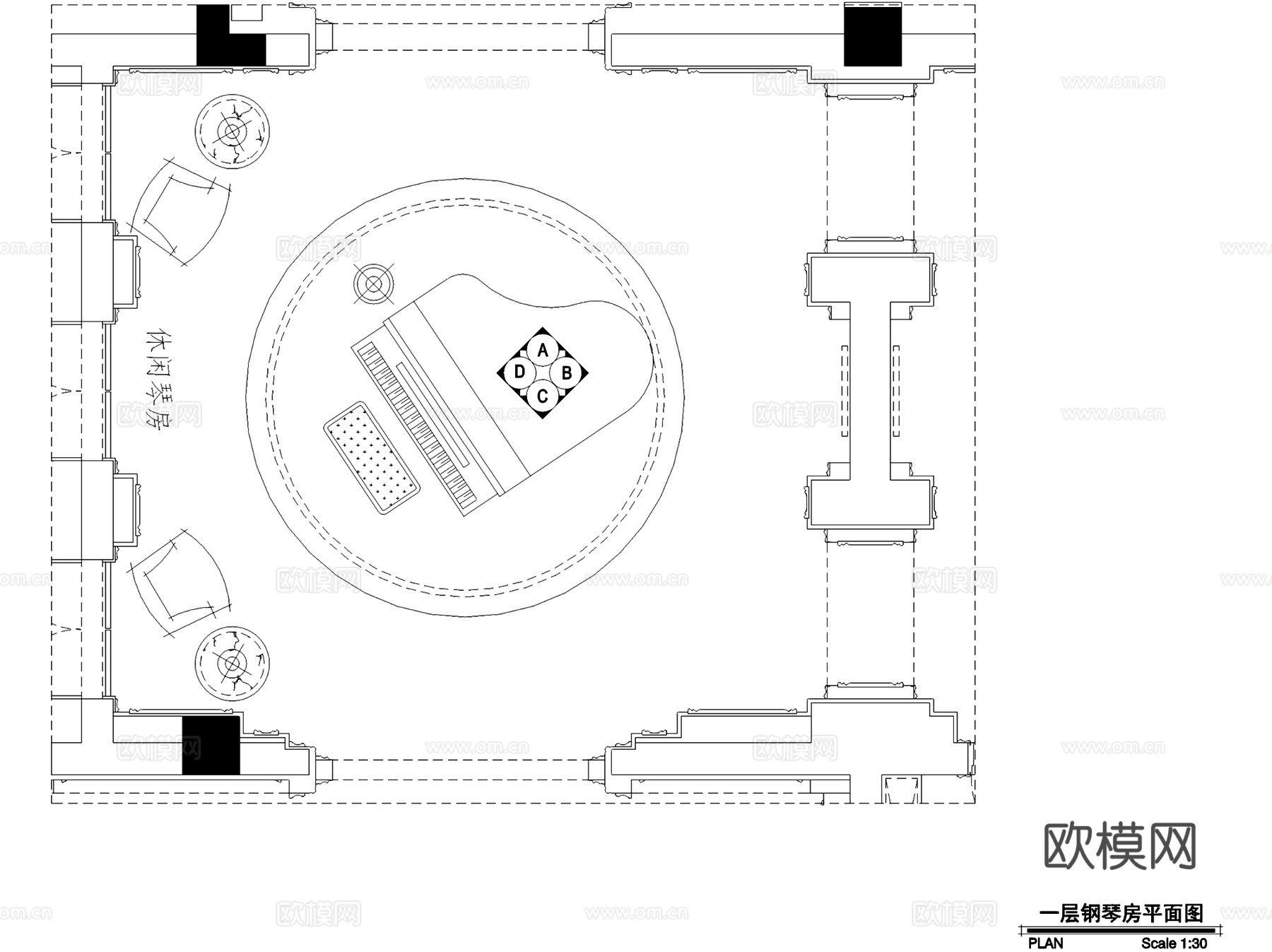 欧式餐厅钢琴房室内家装CAD施工图cad施工图