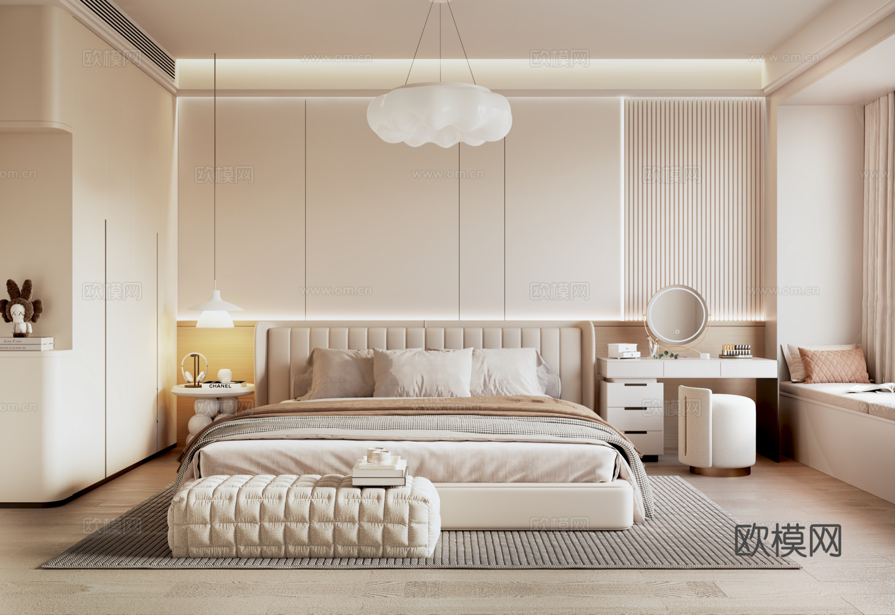 奶油风现代卧室su模型