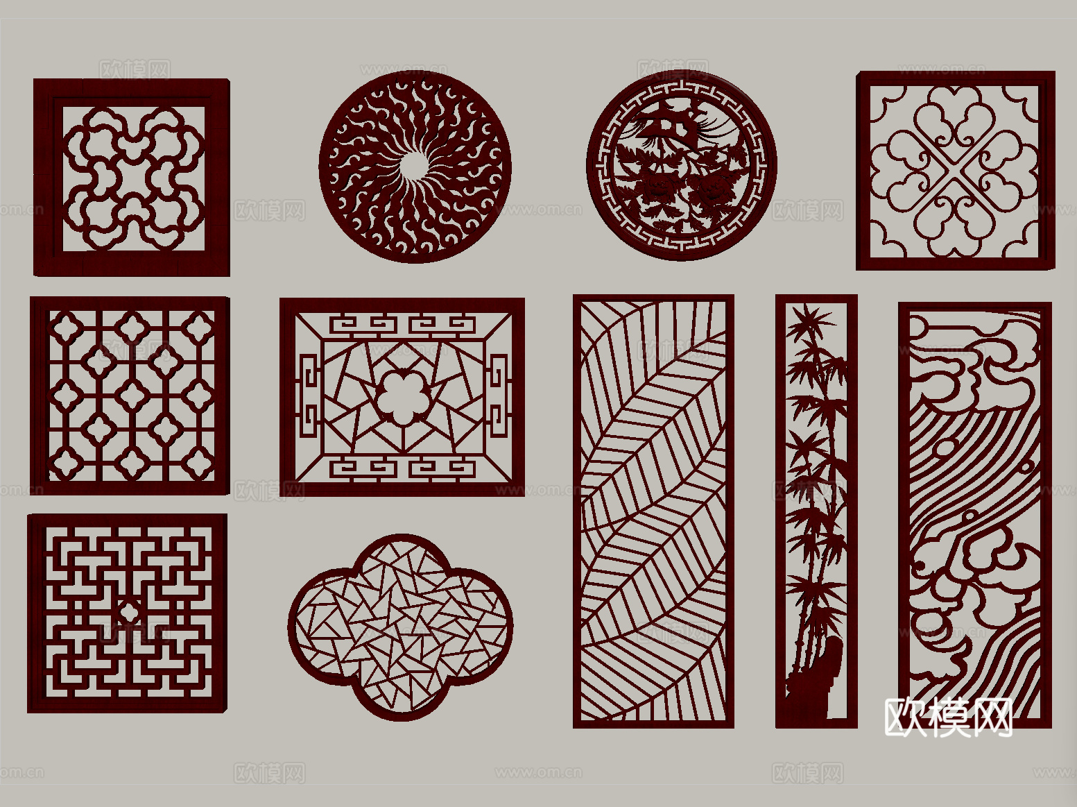 中式实木镂花窗 镂空花格窗su模型