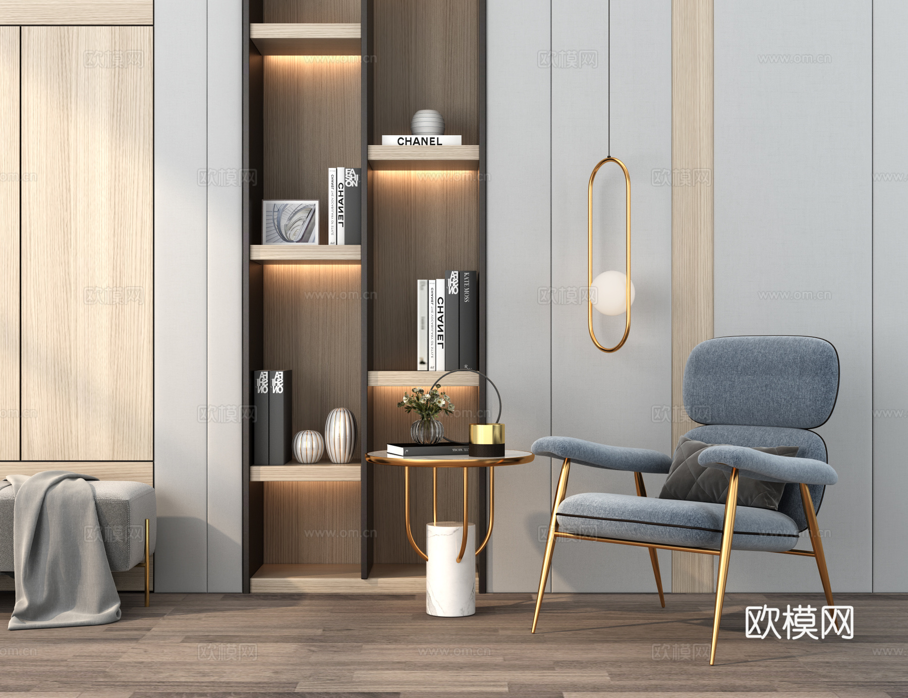 新古典现代单人休闲沙发茶几组合3d模型