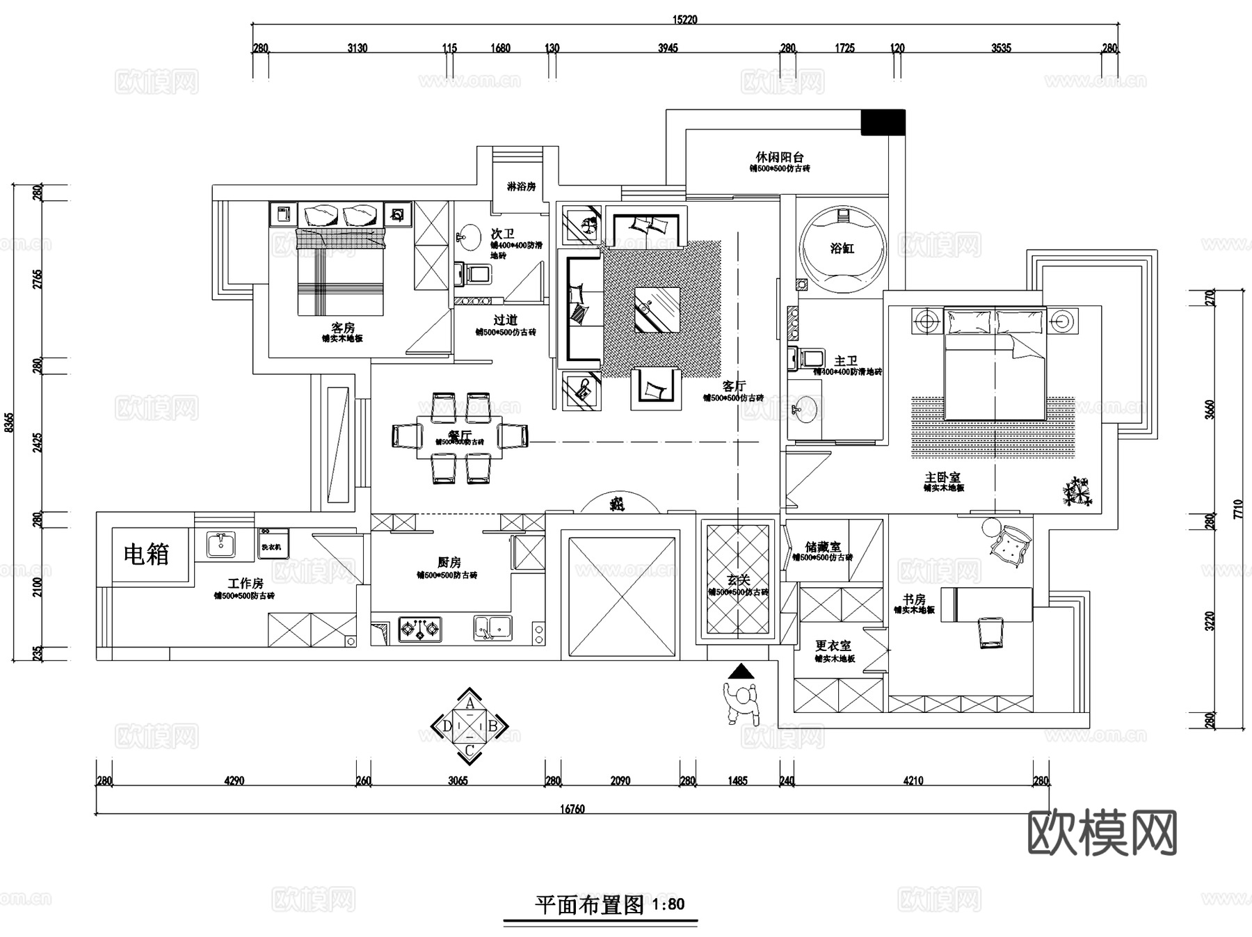 银都花园2幢1-1801室内家装CAD施工图cad施工图下载（渲染图3）