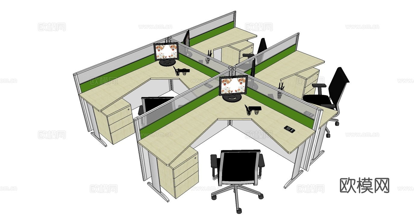 办公工位 办公班台 办公家具 工位 办公室 屏风工位su模型下载
