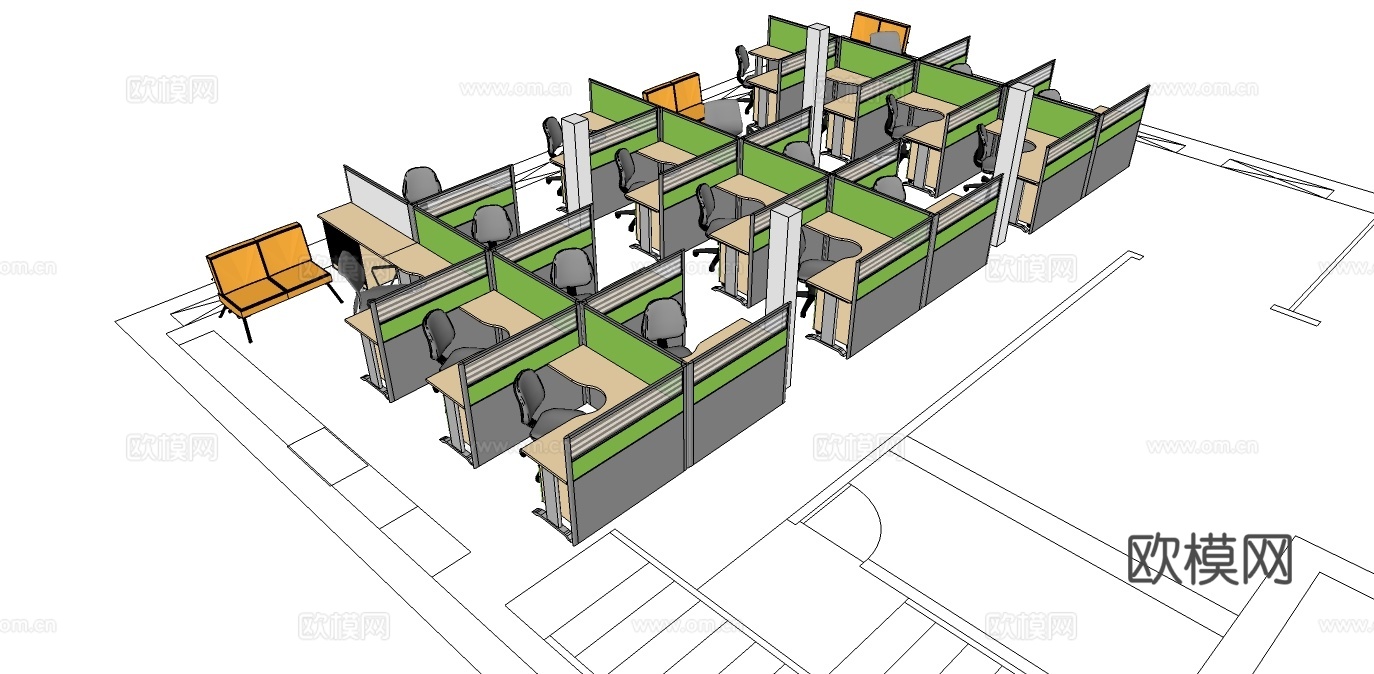 办公工位 办公班台 办公家具 工位 办公室 屏风工位su模型下载