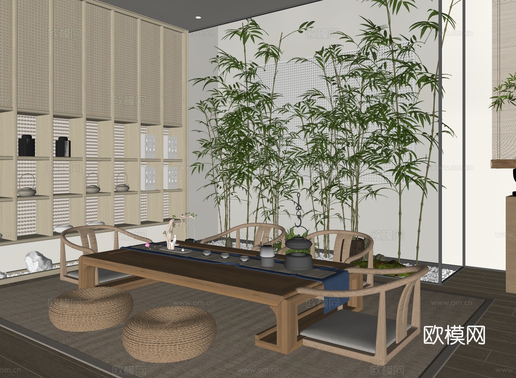 新中式茶室  茶柜 竹子 茶桌su模型