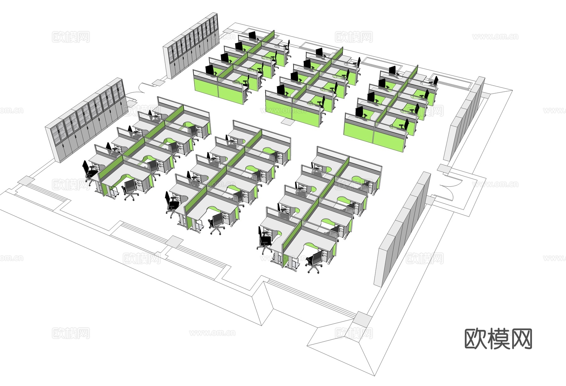 办公工位 办公班台 办公家具 工位 办公室 屏风工位su模型
