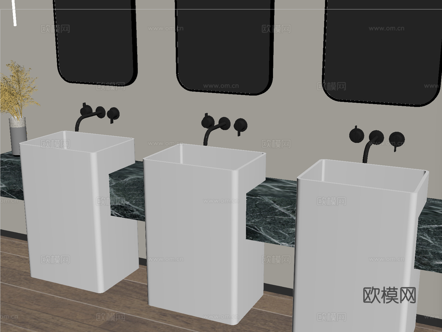 现代洗手台 立柱洗手盆 水龙头 镜子su模型