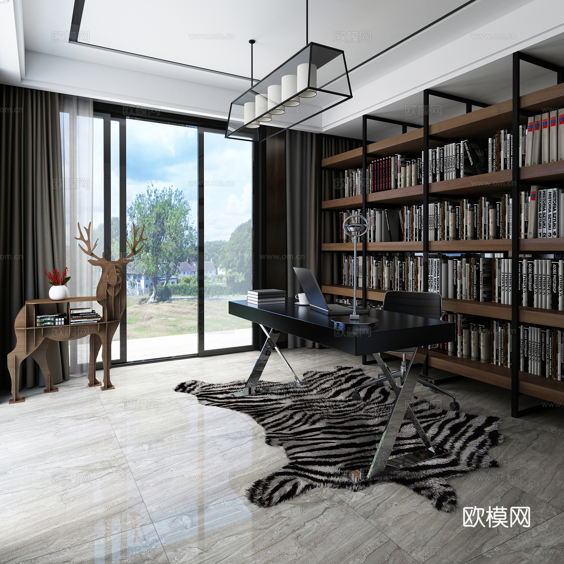 现代书房 书桌椅 壁柜饰品摆件3d模型下载（渲染图1）