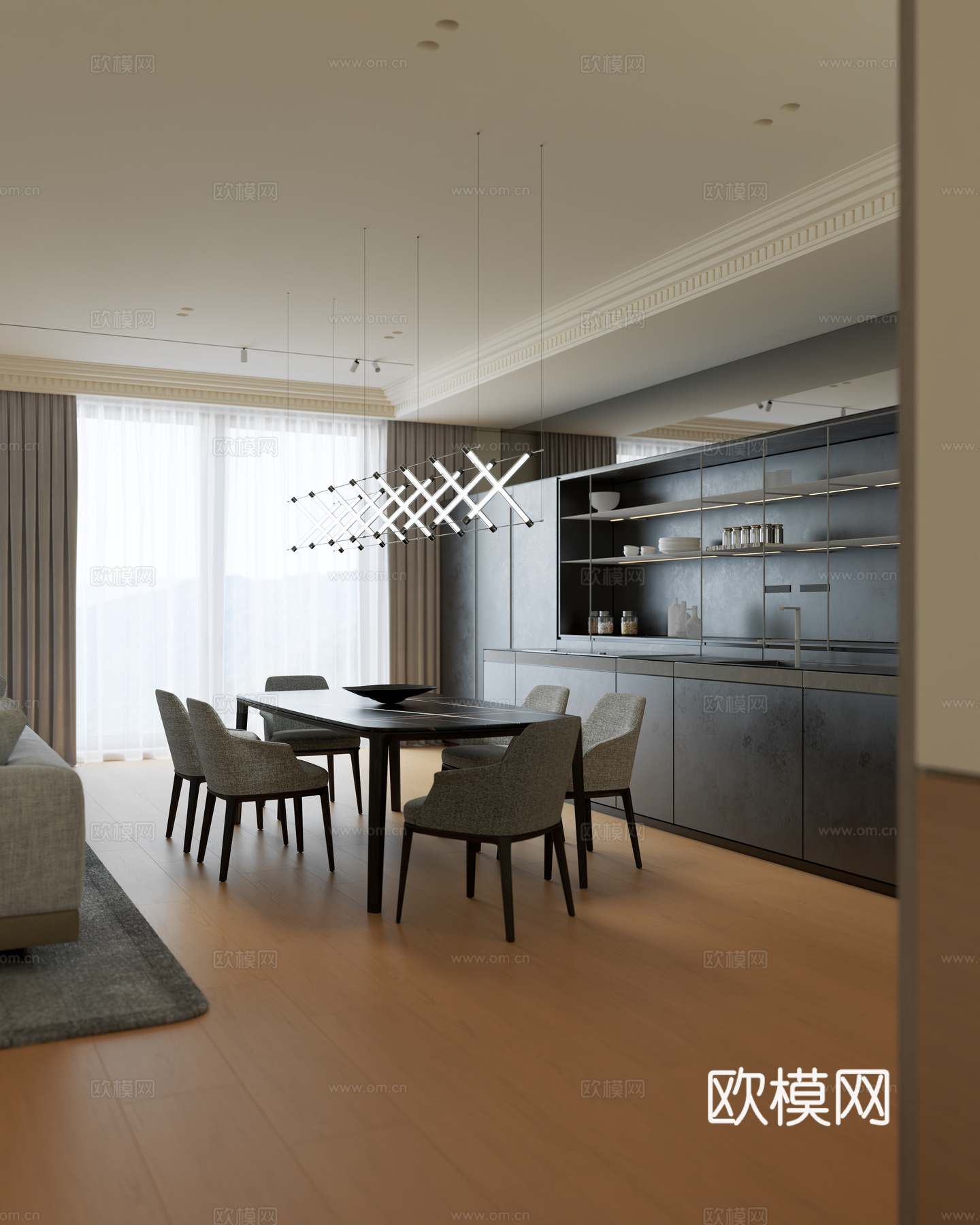 现代餐厅 餐桌椅 餐椅 吊灯 橱柜su模型