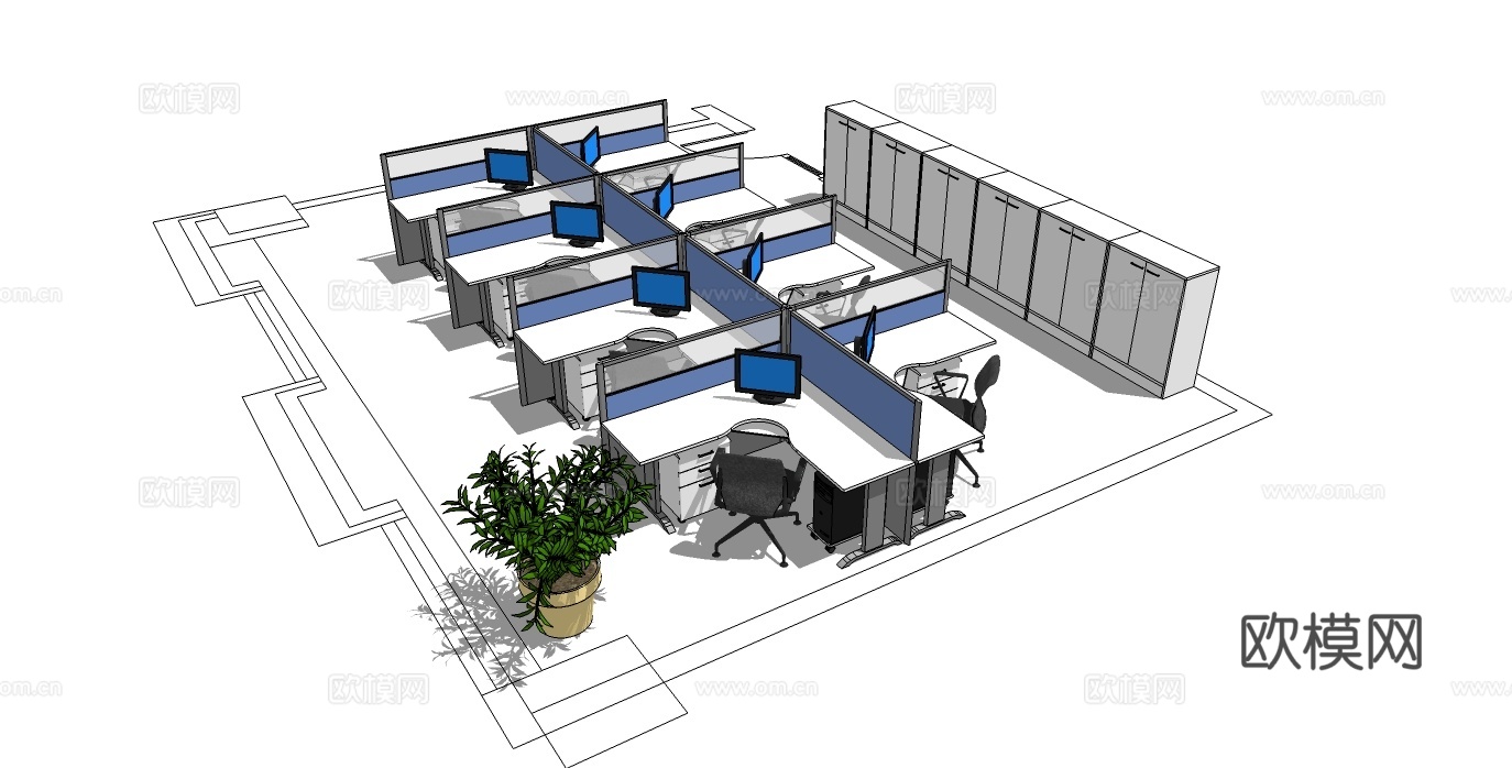 办公工位 办公班台 办公家具 工位 办公室 屏风工位su模型