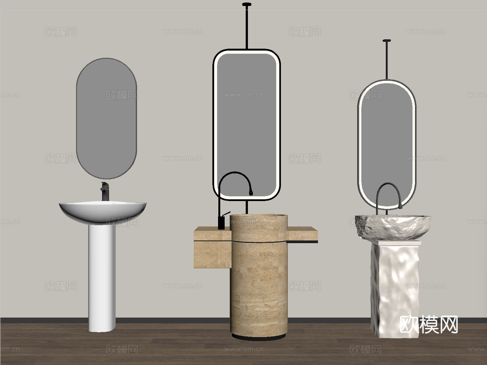 现代洗手台 立柱洗手盆 水龙头 镜子su模型