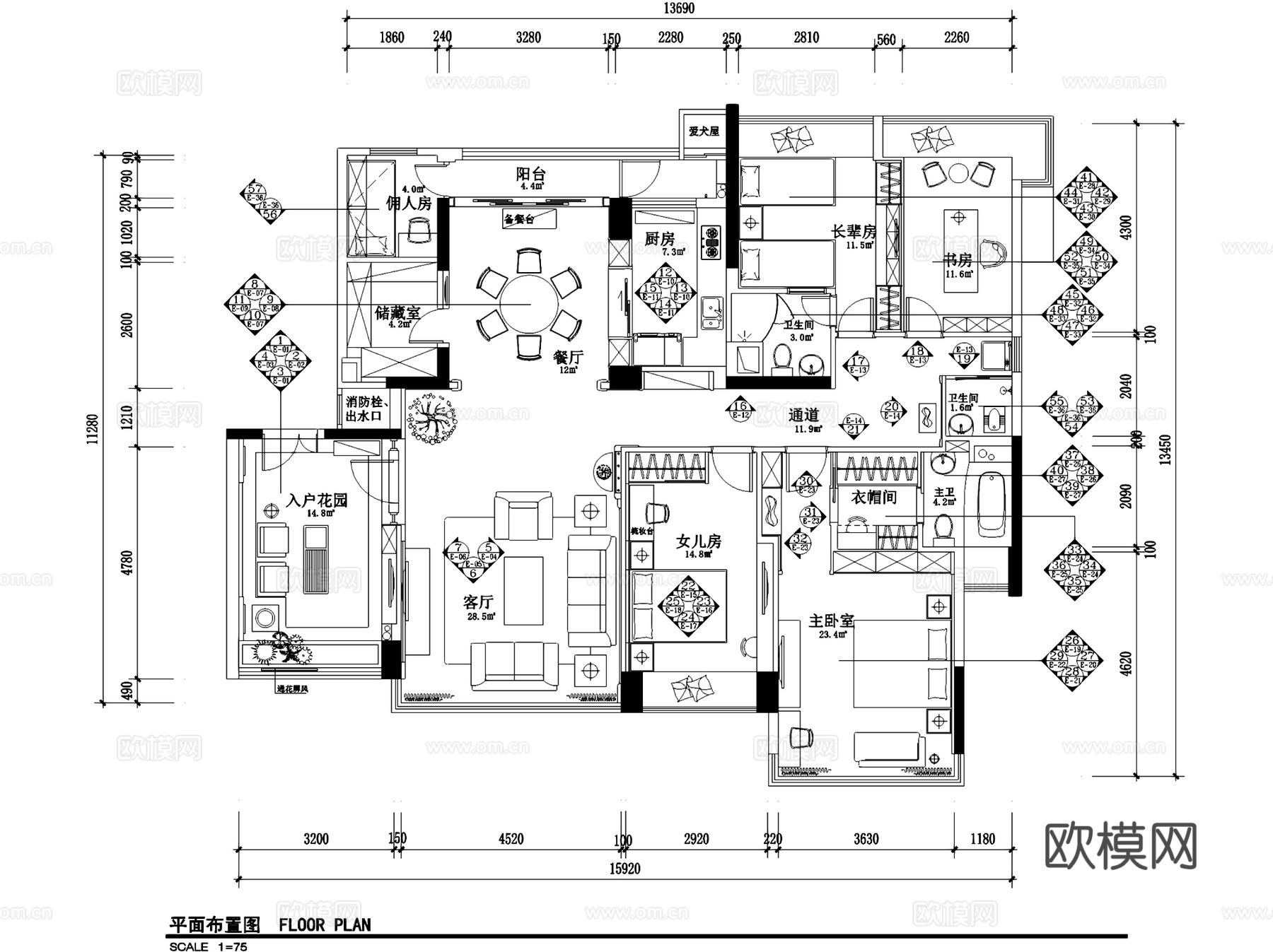 深圳帝豪湾公墅A栋13F中式室内家装CAD施工图cad施工图