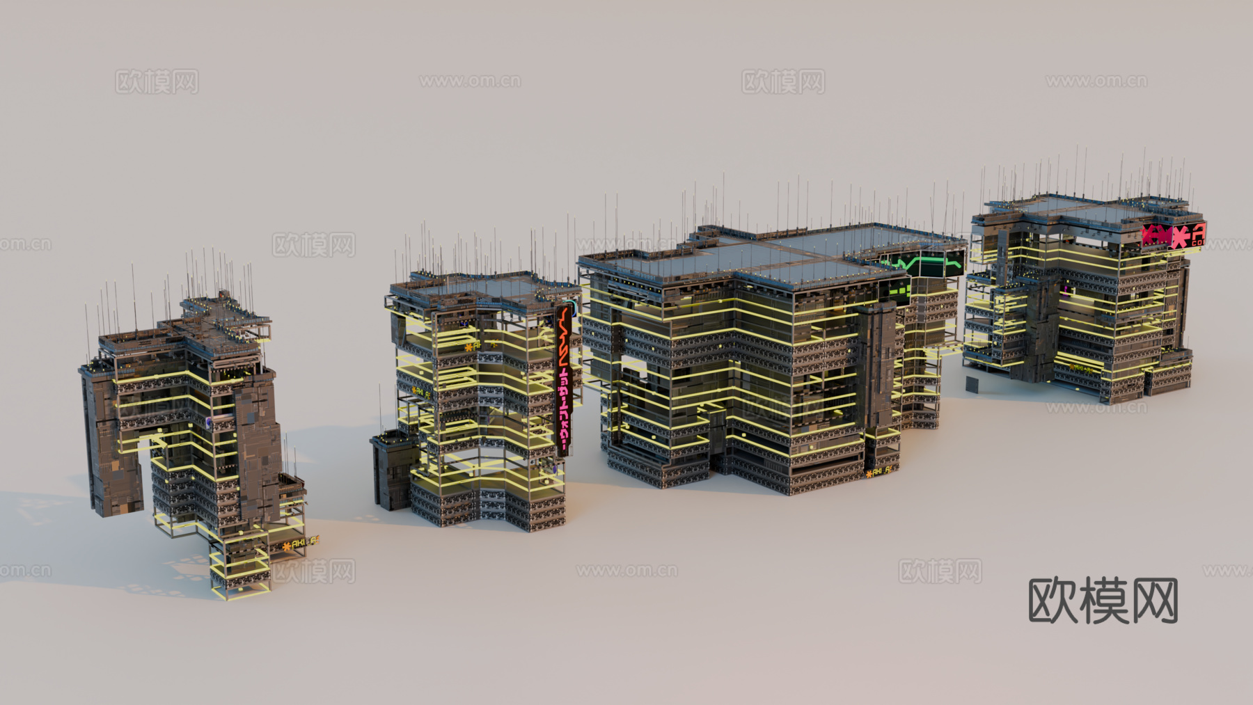 赛博朋克建筑 科幻建筑 商业街建筑 工业建筑 城市街道建筑su模型