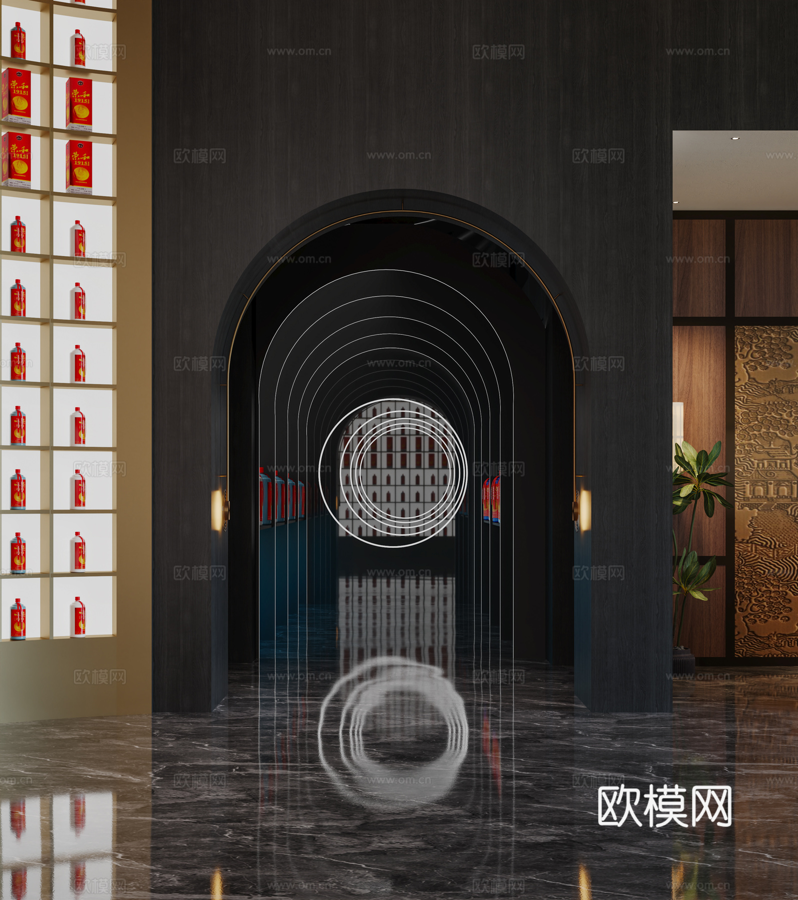 新中式白酒展厅 白酒文化长廊 白酒品尝区 轻奢白酒展厅 茅台3d模型下载（渲染图5）