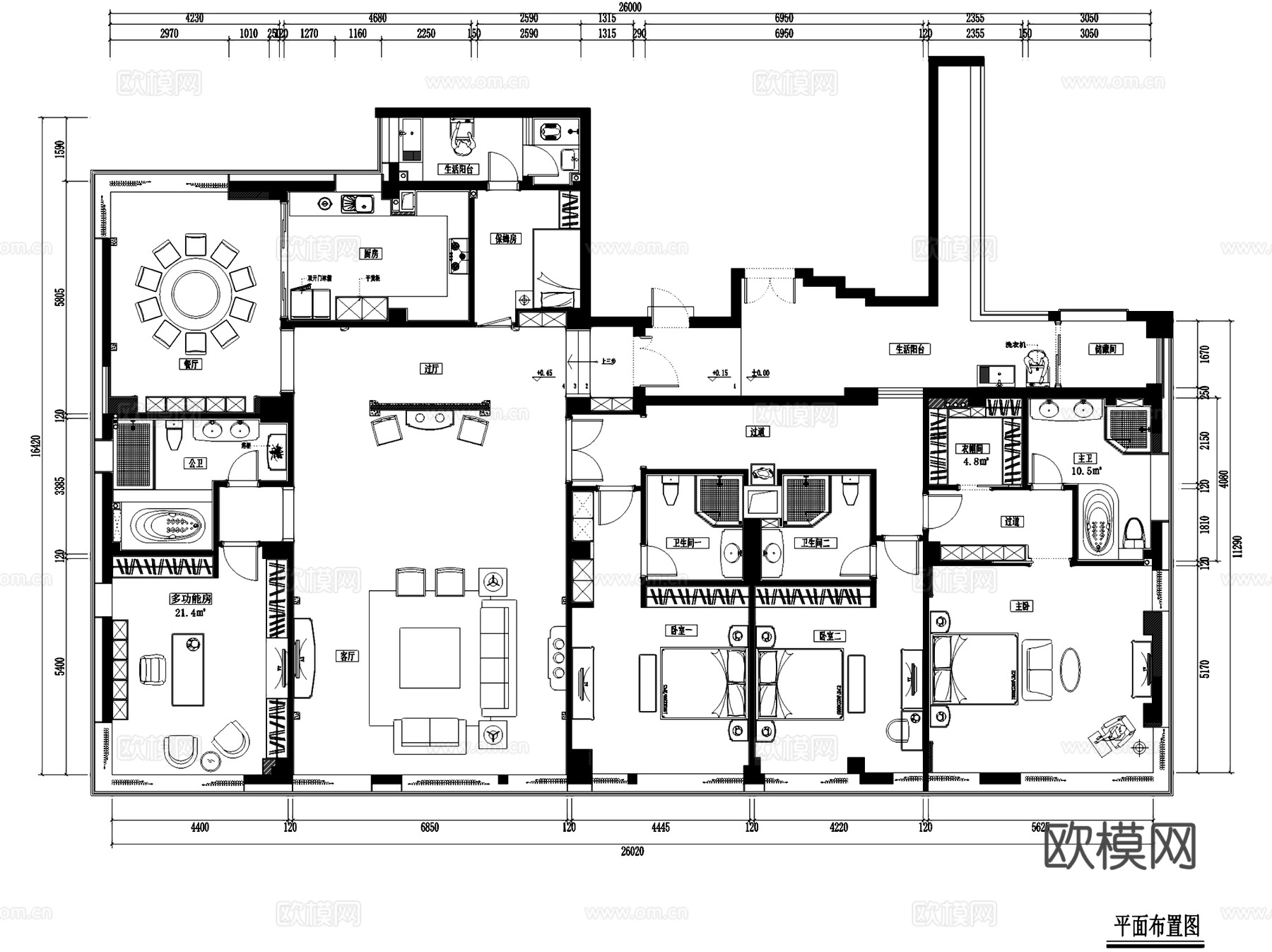 世欧上江城五室两厅四卫室内家装CAD施工图cad施工图