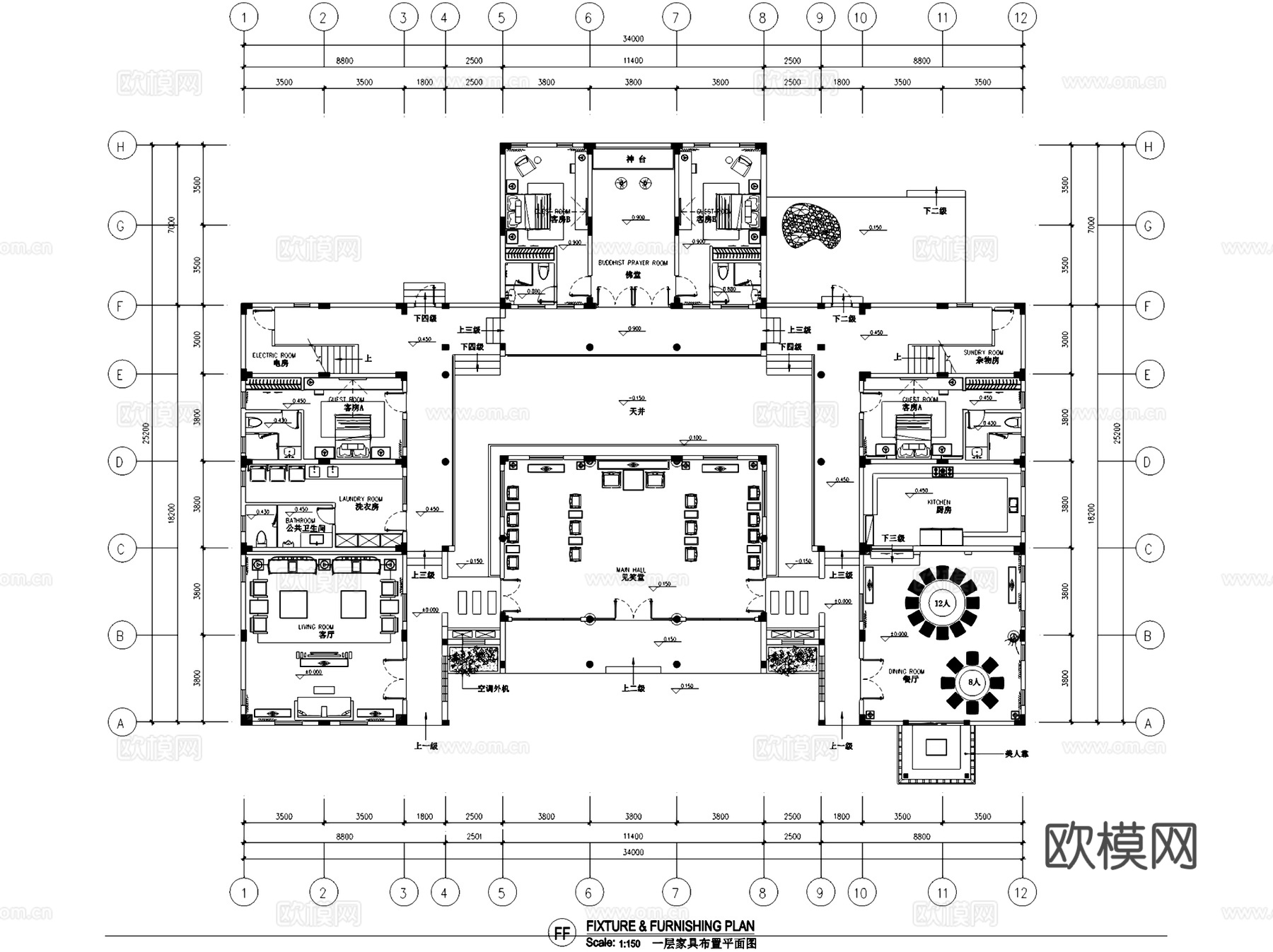 普宁中式二层别墅室内家装CAD施工图整套cad施工图