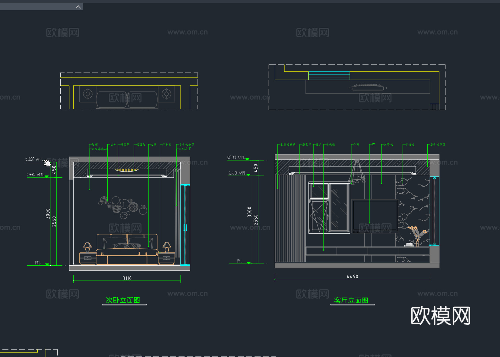 家装平面布置图顶棚布置图卧室立面图客厅立面图卫生间立面图cad施工图