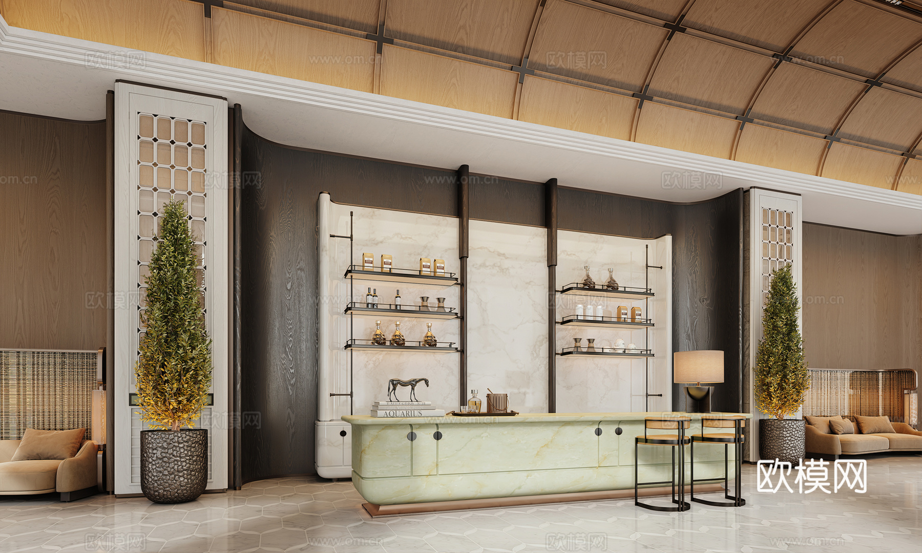 现代售楼处水吧区 酒店大堂吧 水吧台 咖啡区  休息区 洽谈su模型
