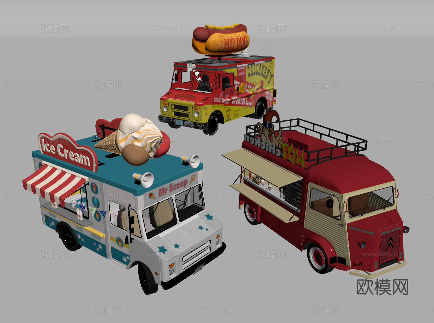 现代售卖车 贩卖车 卡通汽车 巴士餐车 快餐车su模型