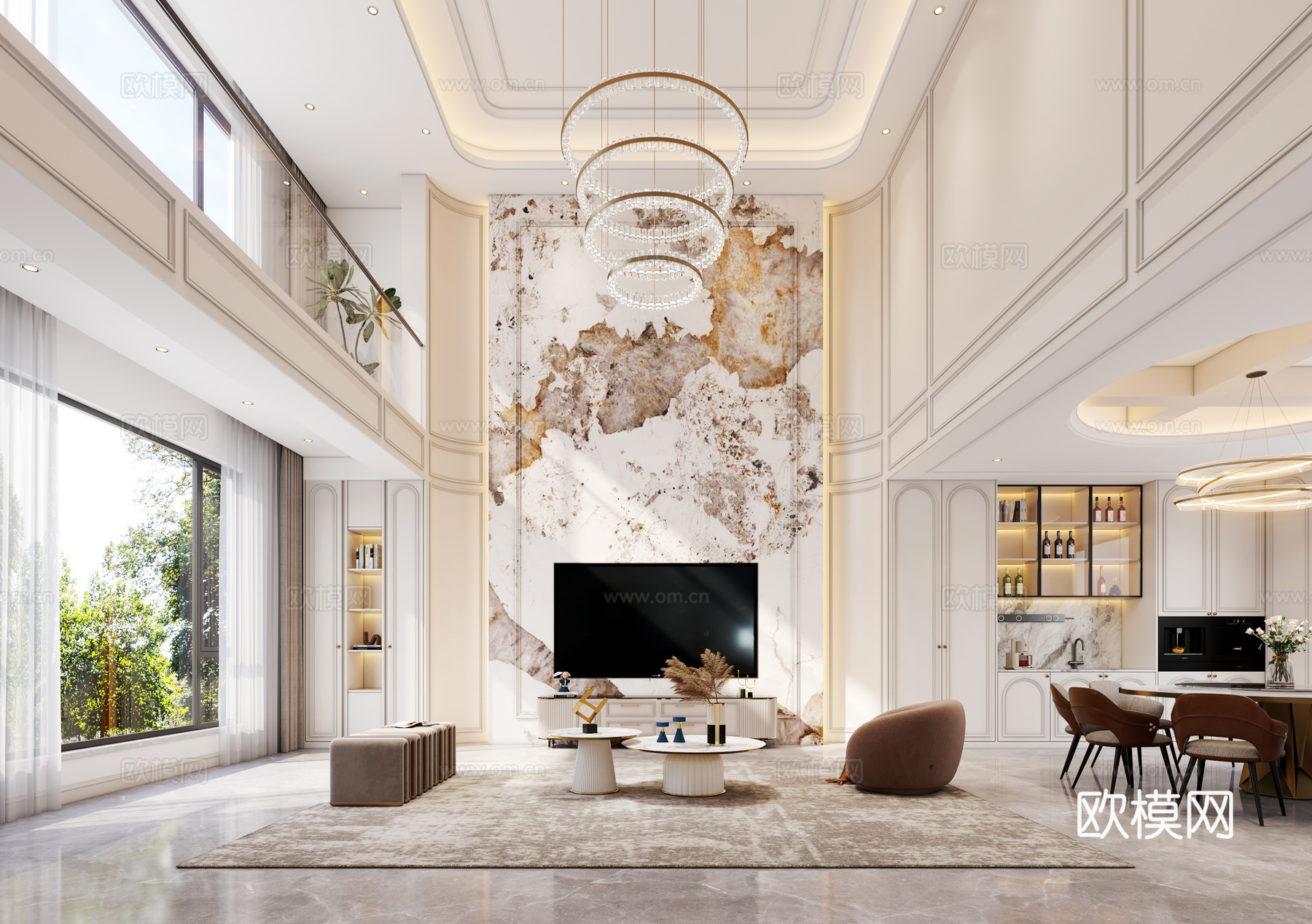 法式挑空别墅客餐厅3d模型