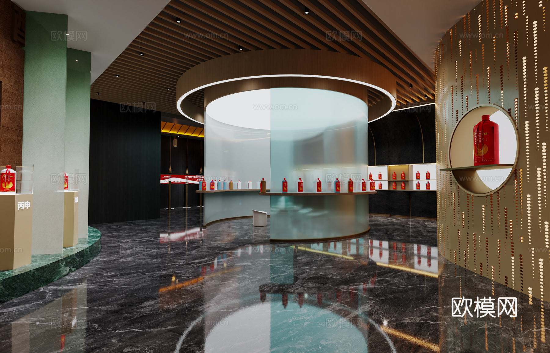 新中式白酒展厅 白酒文化长廊 白酒品尝区 轻奢白酒展厅 茅台3d模型下载（渲染图4）