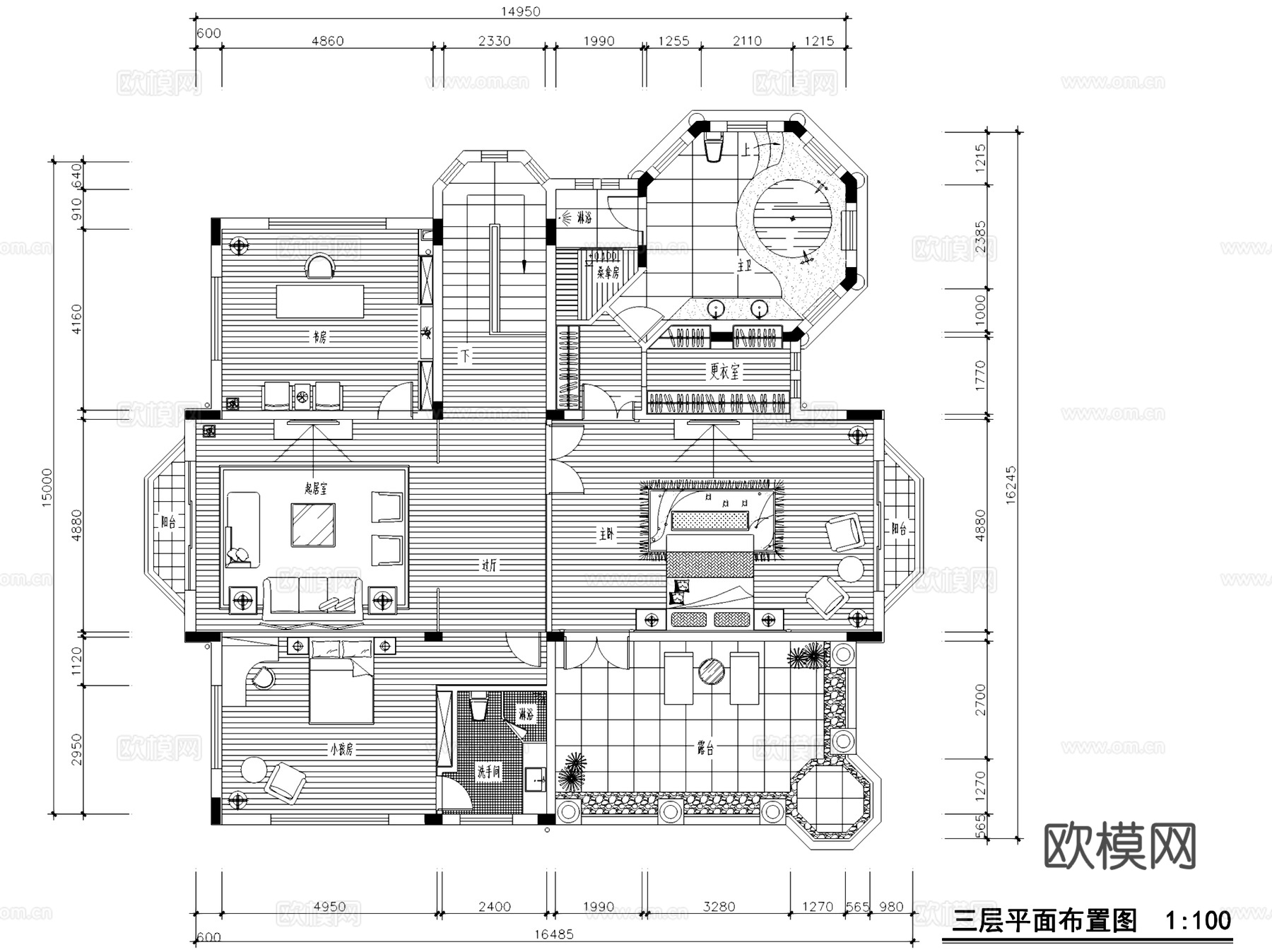 襄樊山顶中式三层别墅私宅室内家装CAD施工图整套cad施工图