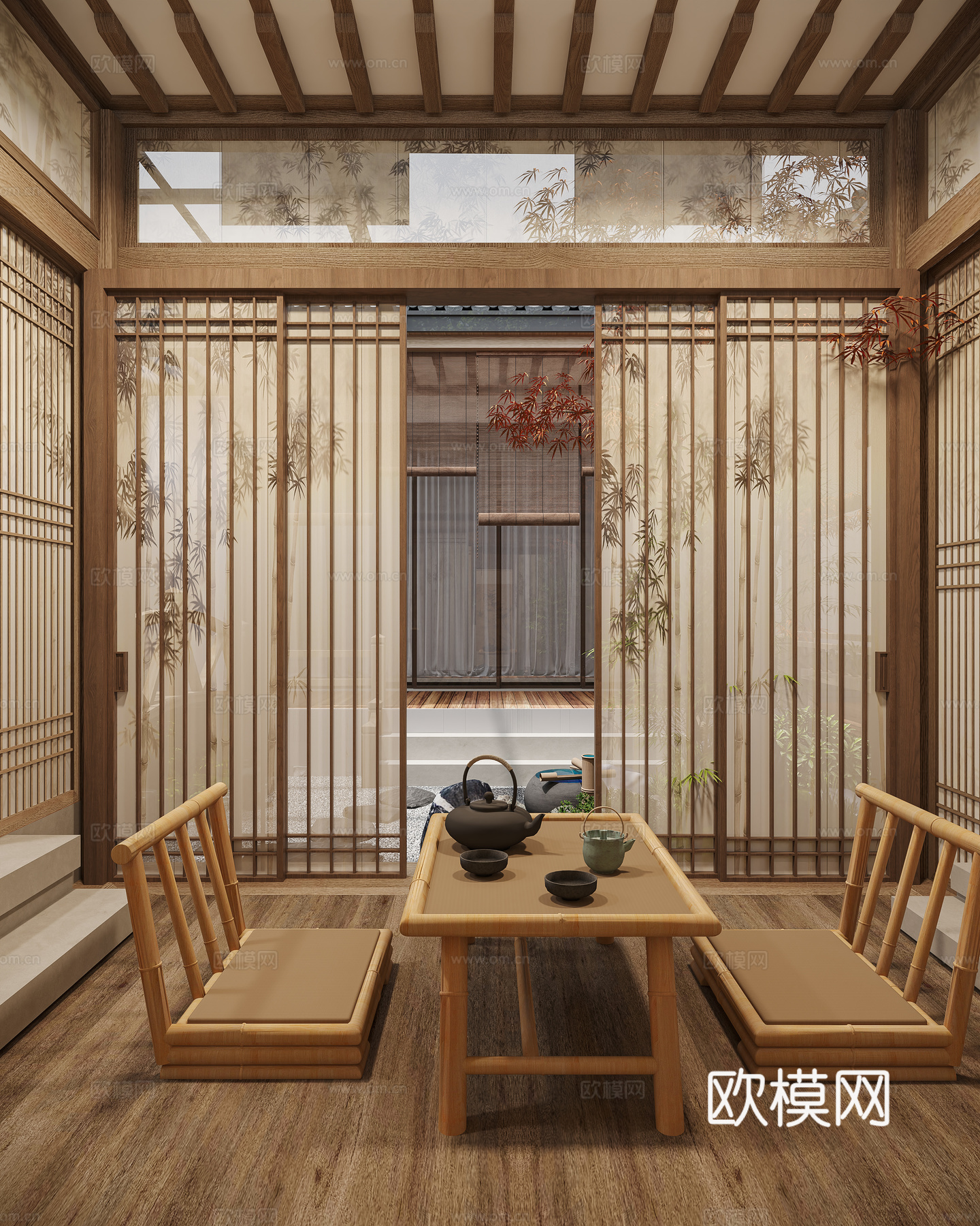 新中式禅意别墅庭院3d模型下载