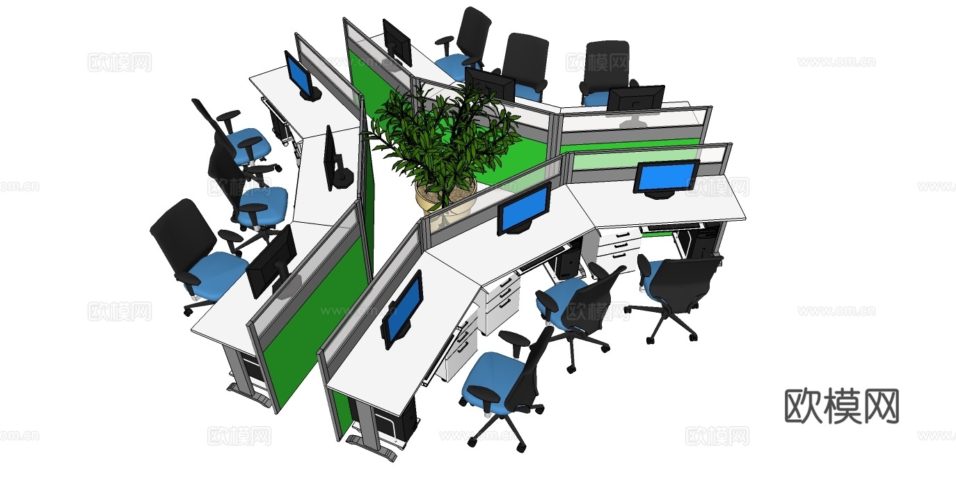 办公工位 办公班台 办公家具 工位 办公室 屏风工位su模型