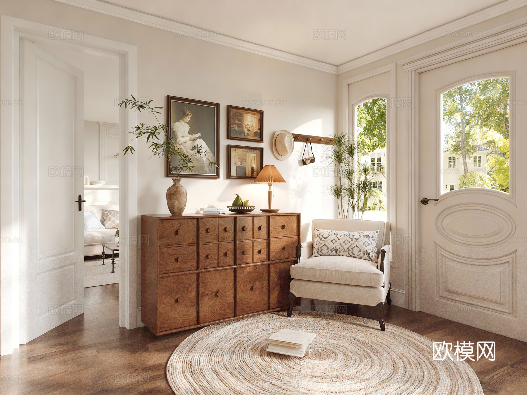 美式中古玄关 美式门厅 美式入户玄关 美式单椅 美式挂画 中3d模型3d模型
