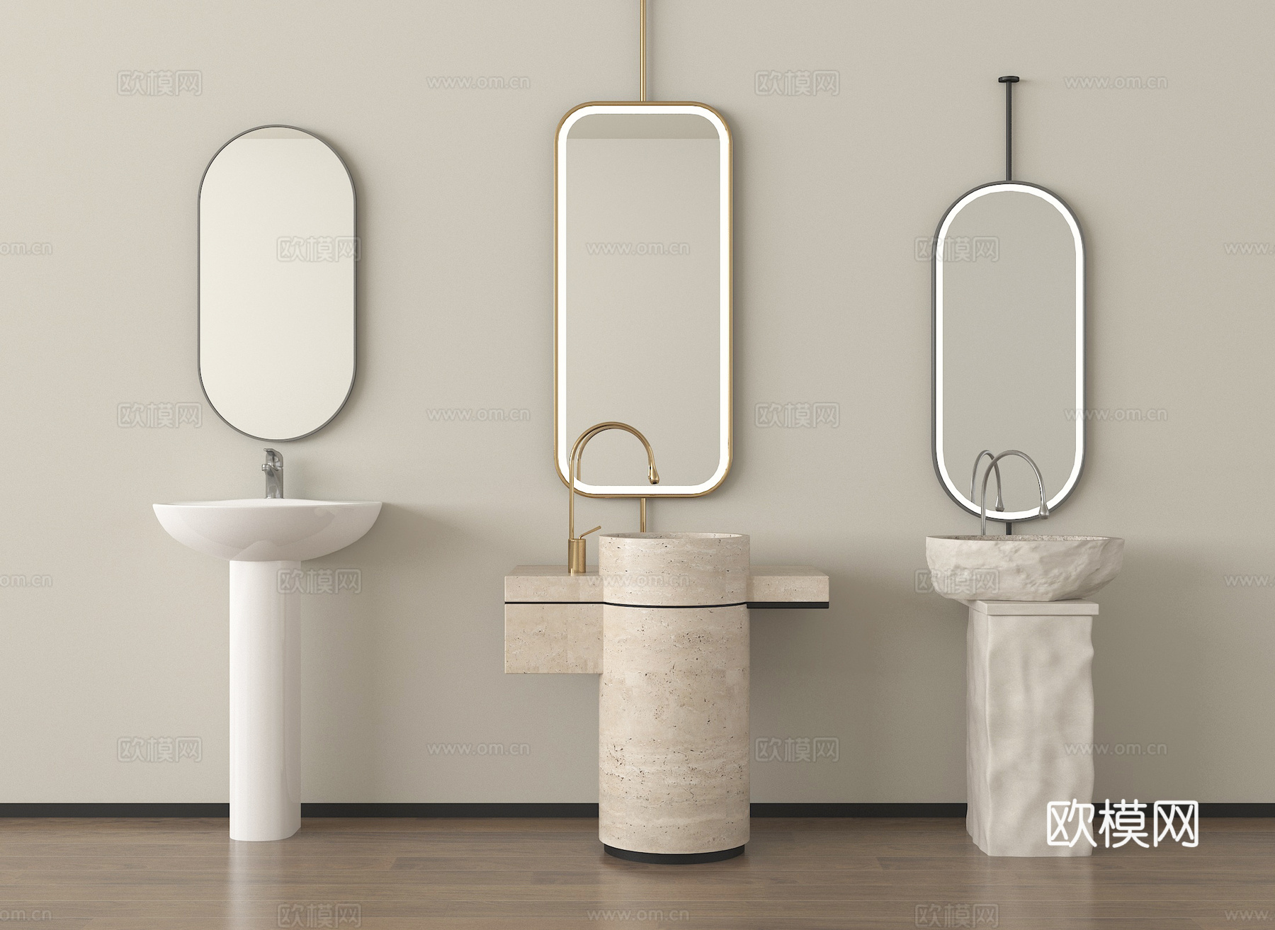 现代洗手台 立柱洗手盆 水龙头 镜子su模型