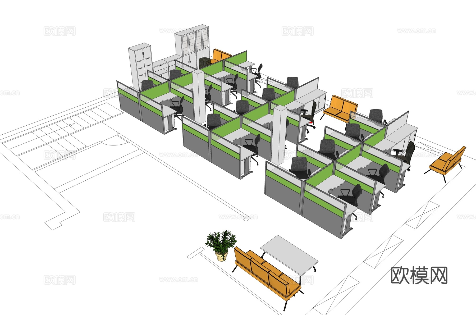 办公工位 办公班台 办公家具 工位 办公室 屏风工位su模型
