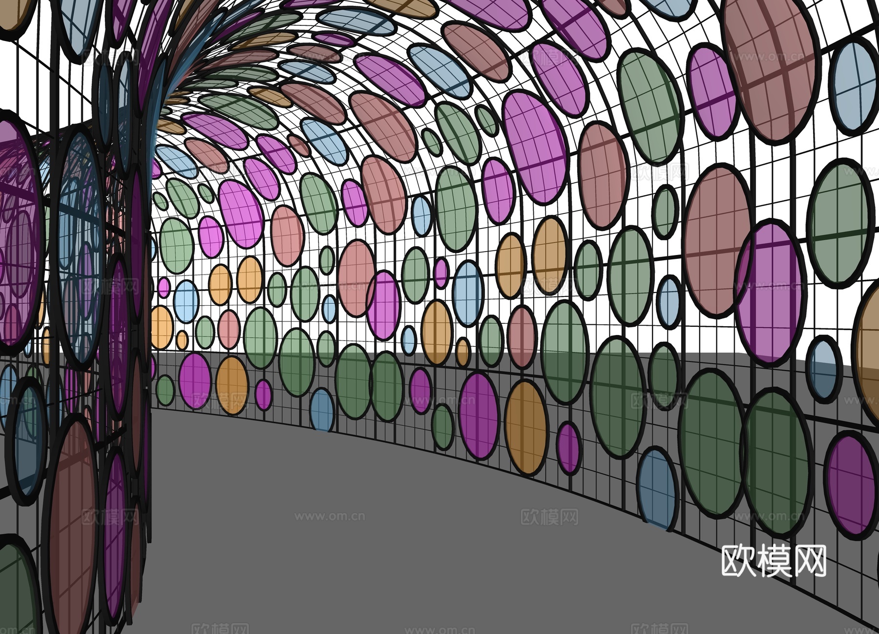 现代廊架 景观廊架 彩色玻璃廊架 公园廊架 连廊 景观过道su模型