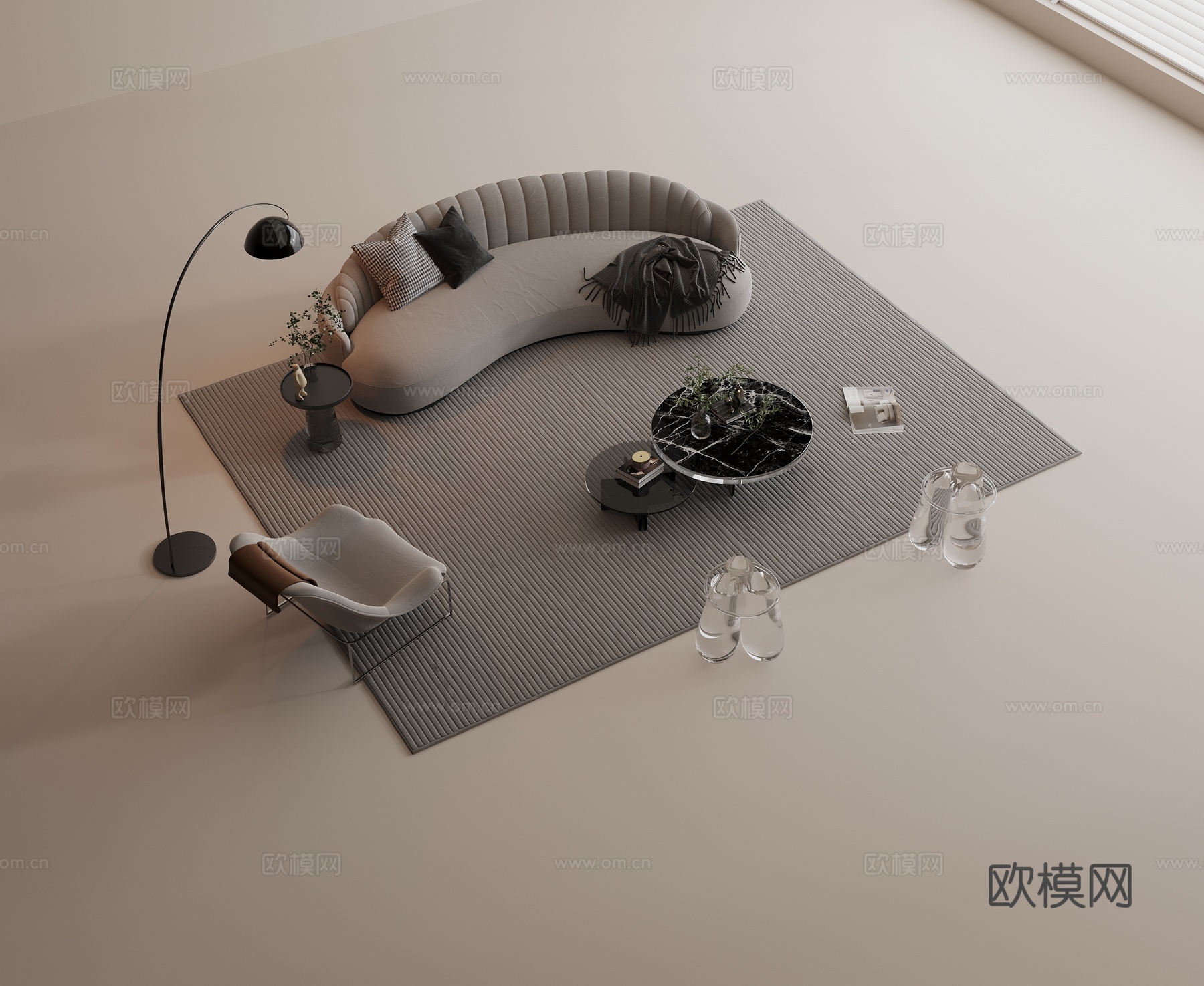 沙发组合 布艺沙发 豆腐块沙发 多人沙发 茶几su模型