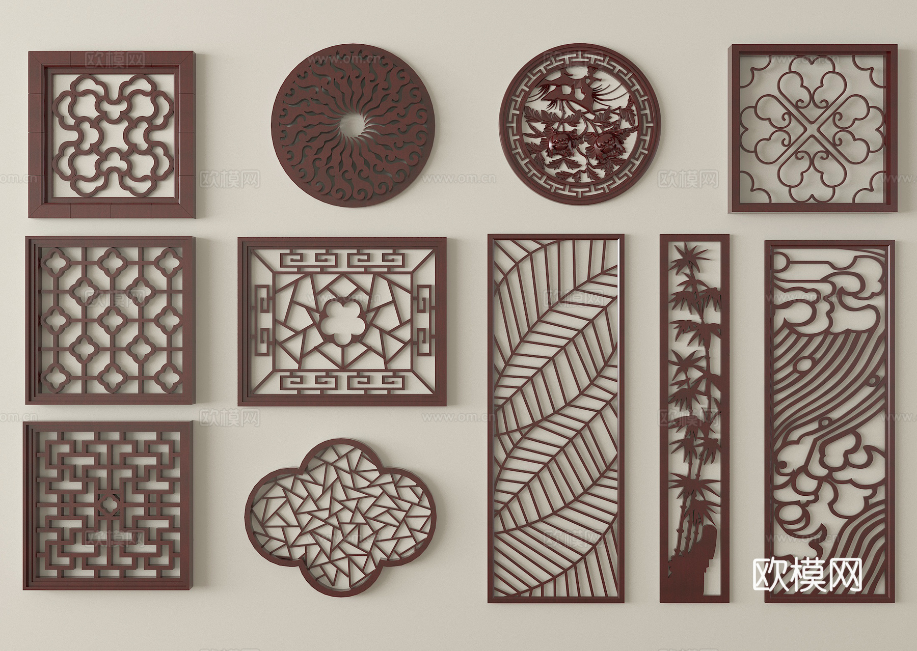 中式实木镂花窗 镂空花格窗su模型