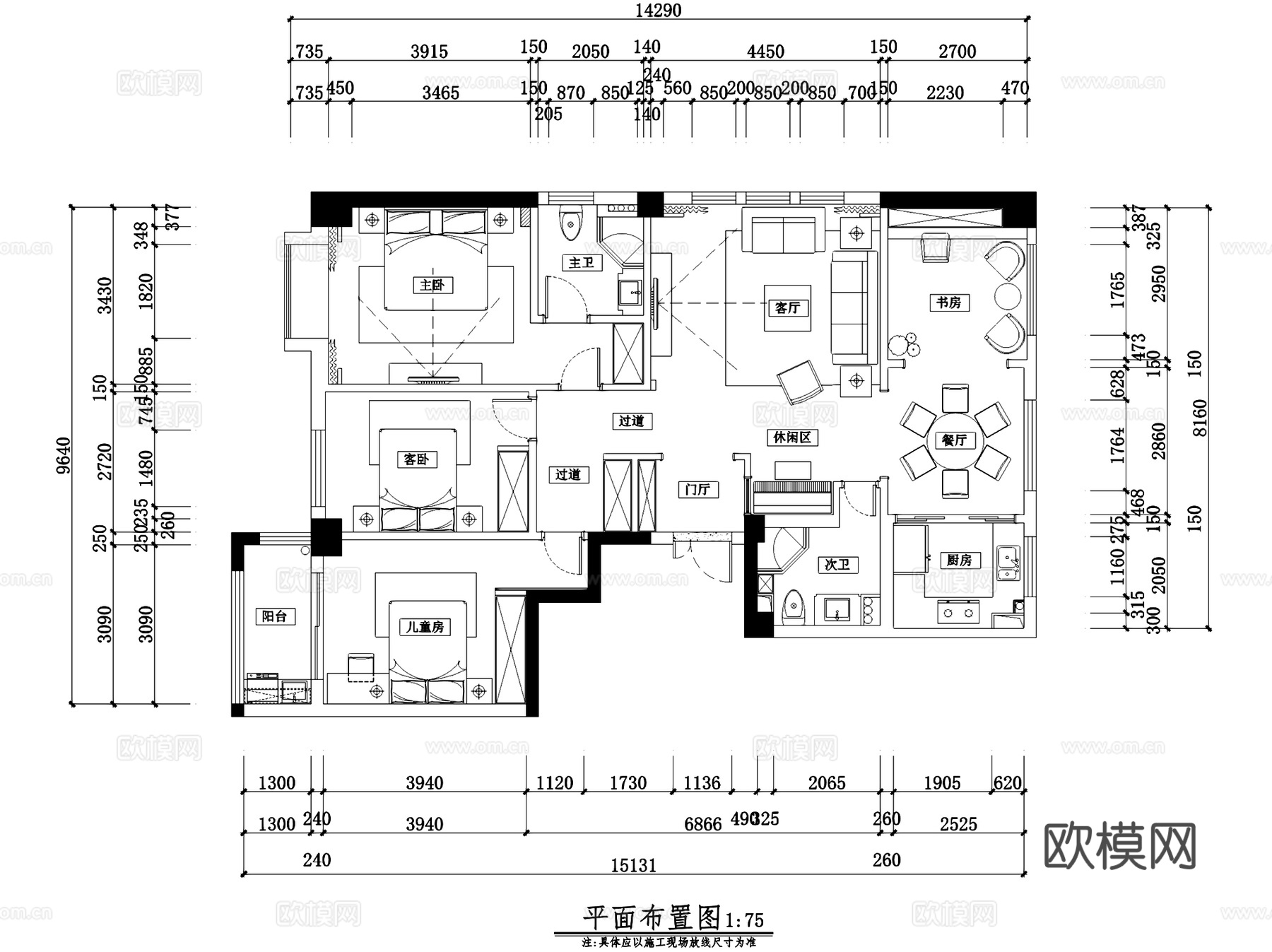 欧式三室两厅两卫私宅室内家装CAD施工图cad施工图