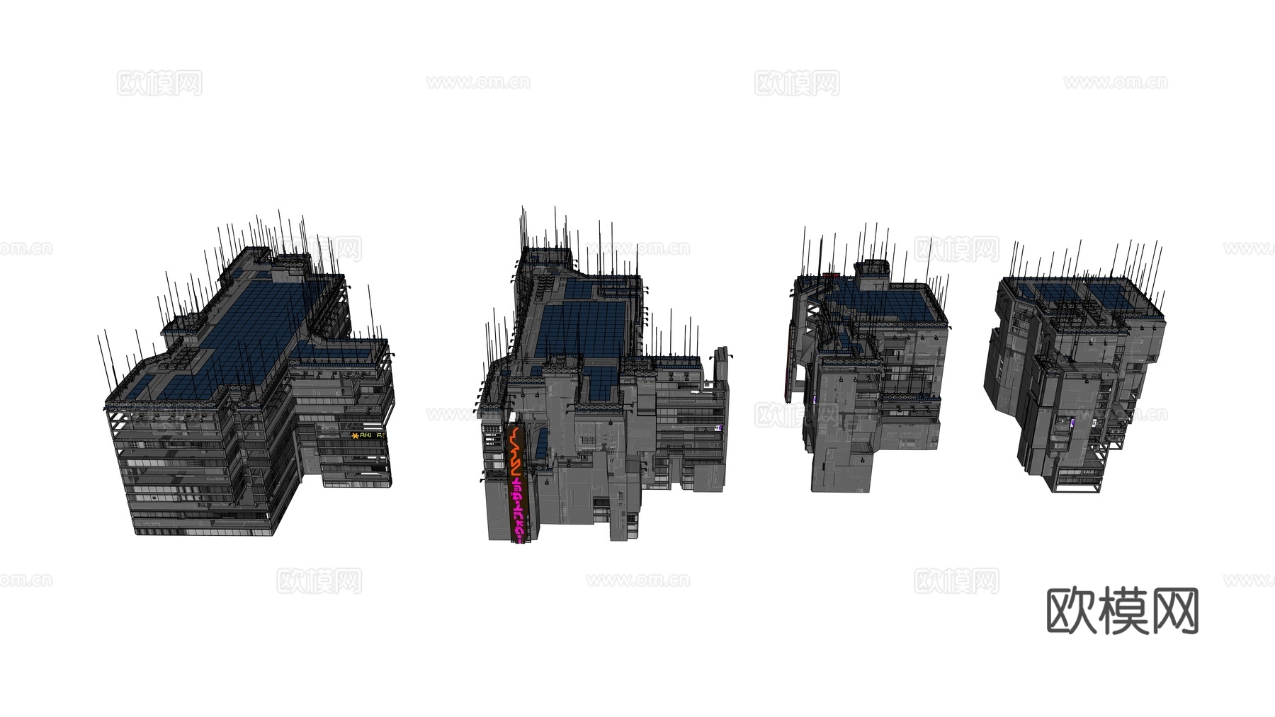 赛博朋克建筑 科幻建筑 商业街建筑 工业建筑 城市街道建筑su模型