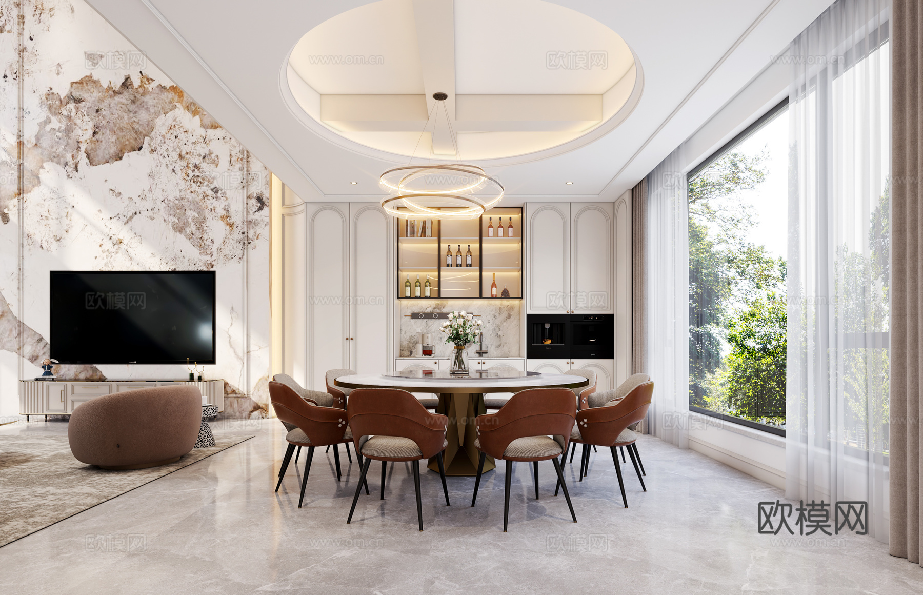 法式挑空别墅客餐厅3d模型