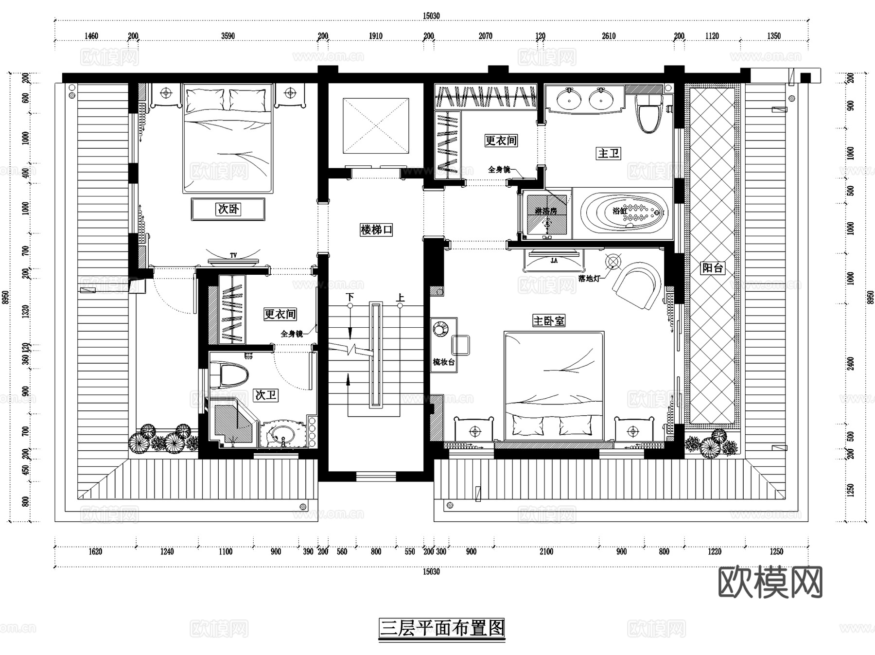 星海湾花园26#A四层别墅样板房室内家装CAD施工图cad施工图
