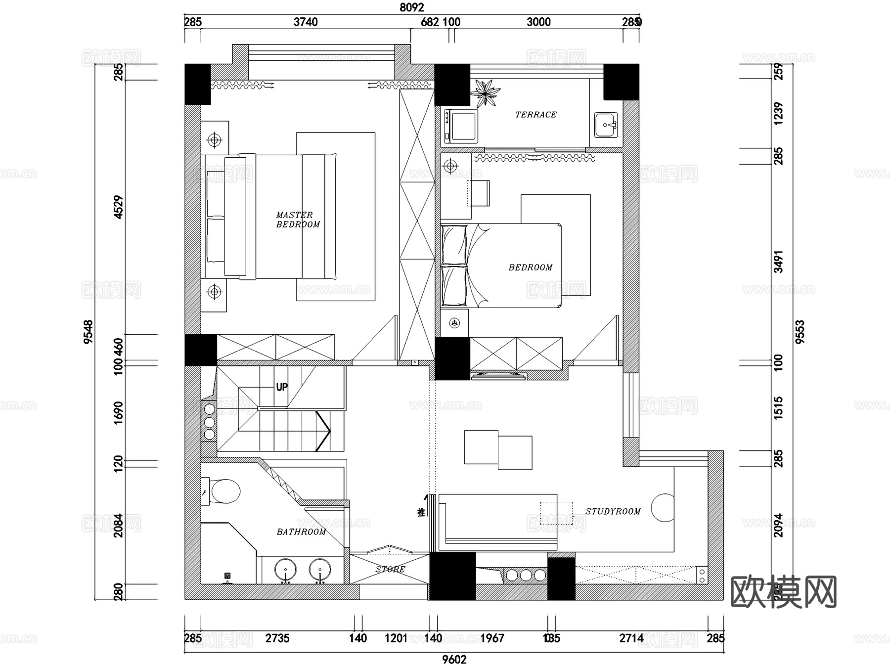 上田小区小跃层室内家装CAD施工图cad施工图