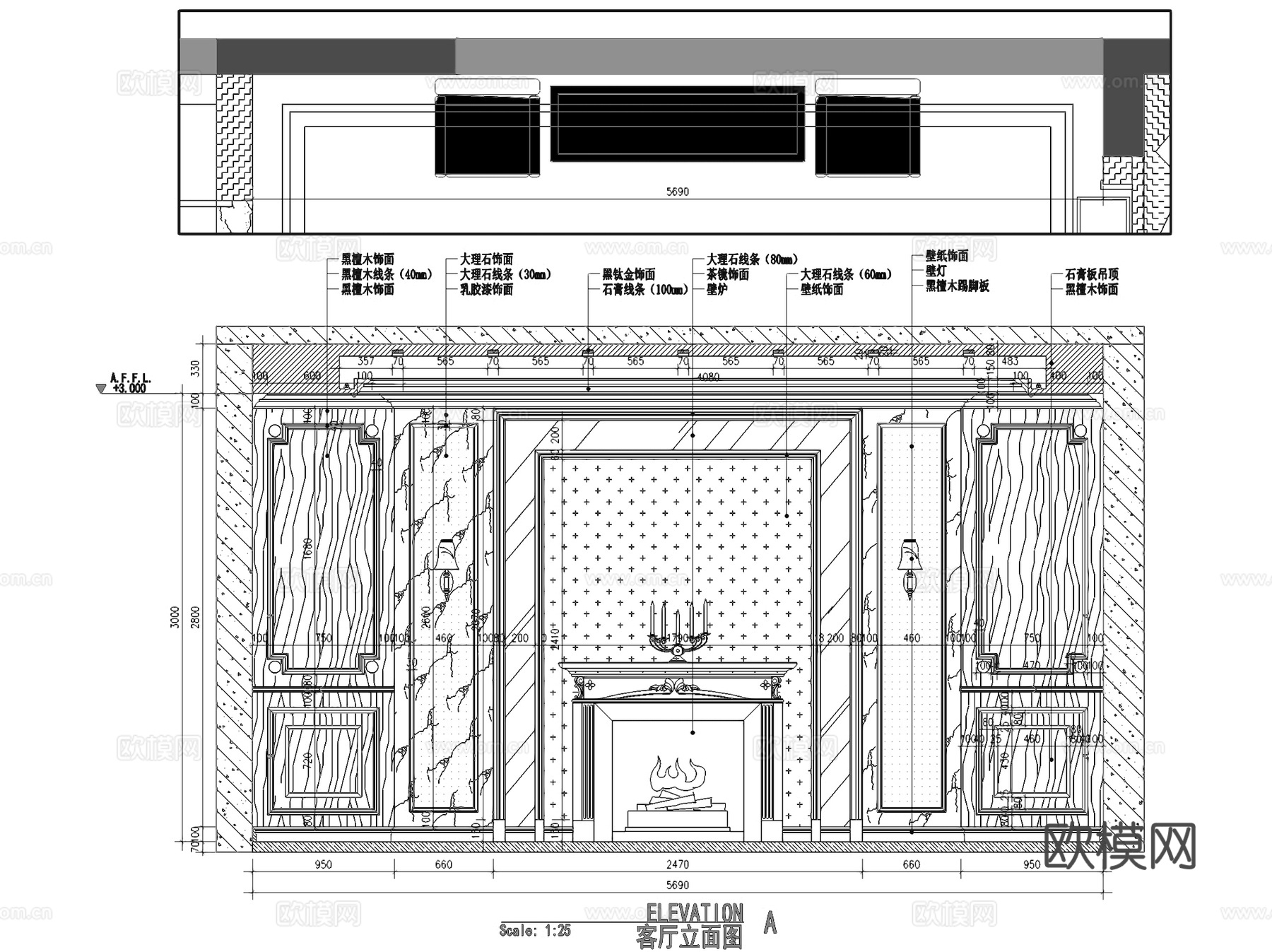 中廷森林公馆欧式二层别墅室内家装CAD施工图整套cad施工图