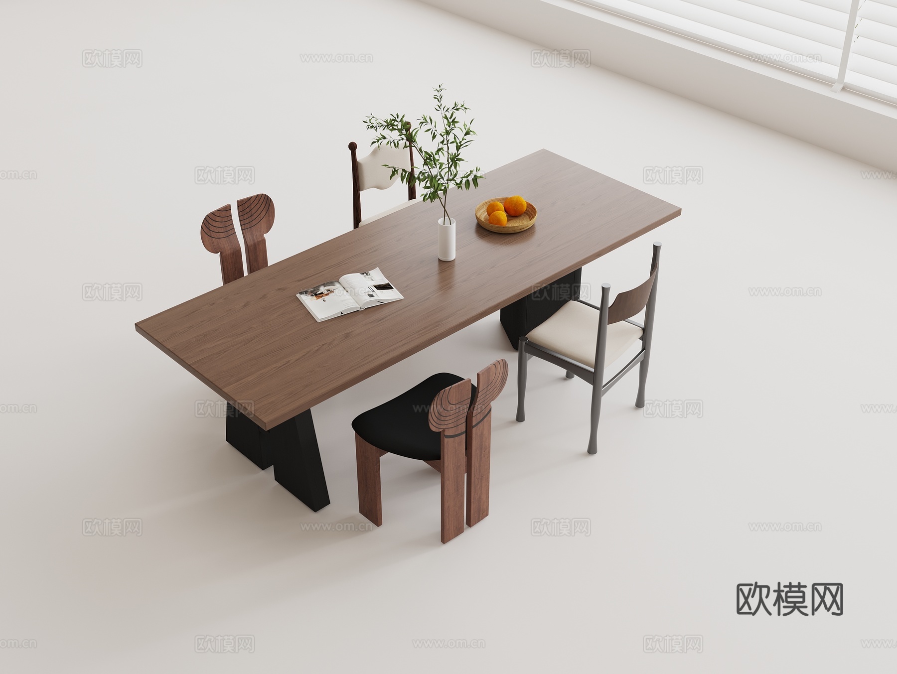 餐桌椅组合 长形餐桌 实木餐桌 餐椅su模型