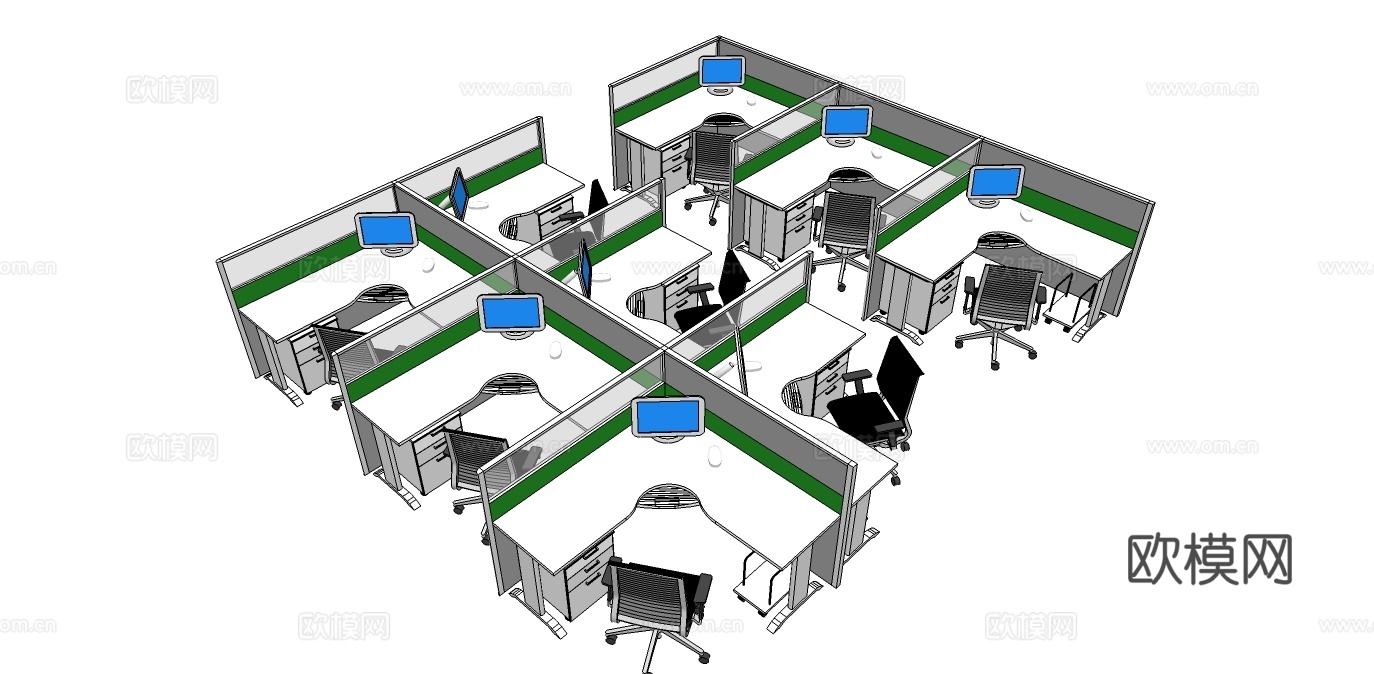 办公工位 办公班台 办公家具 工位 办公室 屏风工位su模型