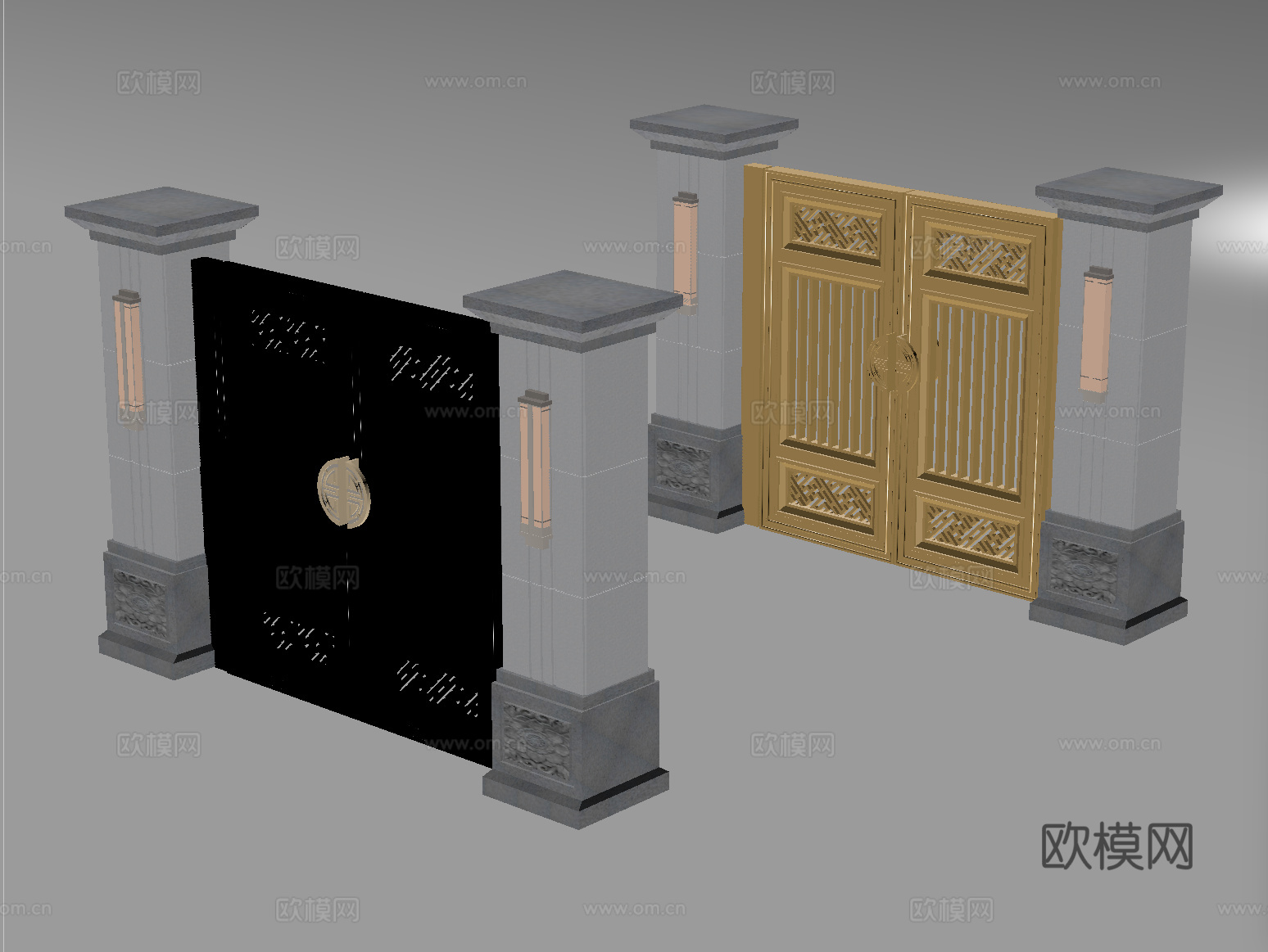 新中式庭院门 围墙 别墅大门 别墅庭院门 庭院铁门su模型