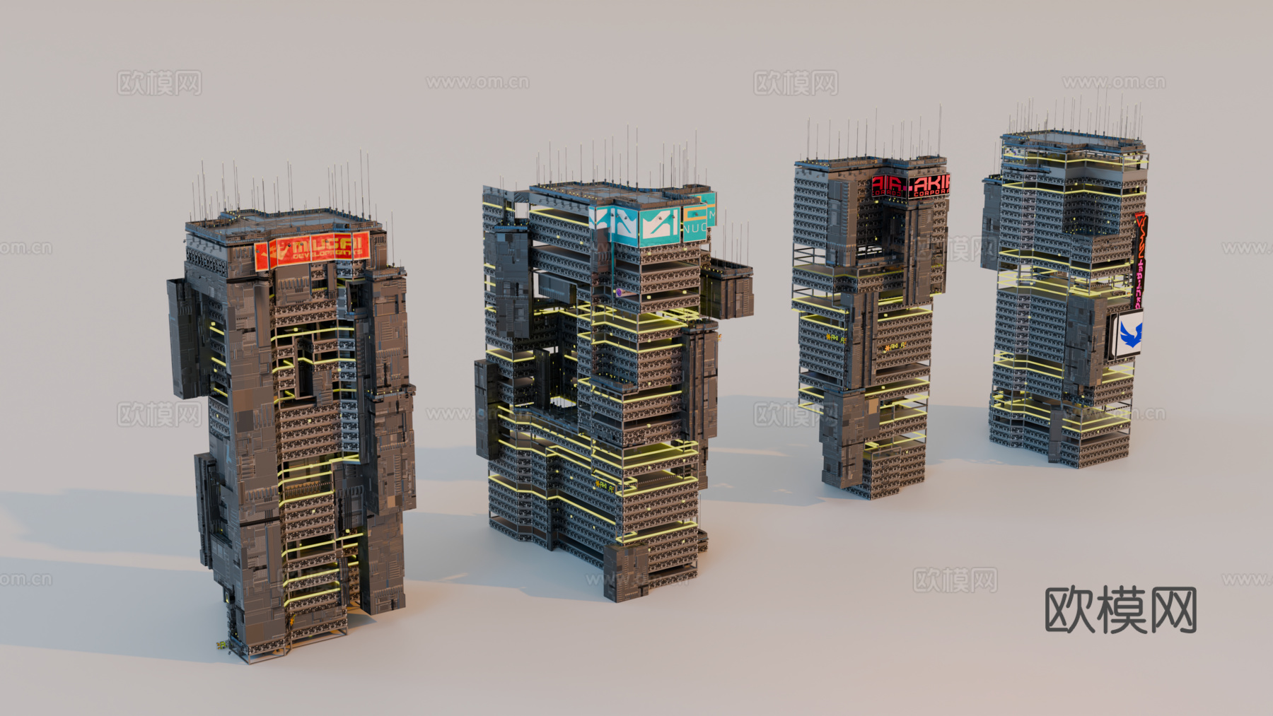 赛博朋克建筑 科幻建筑 商业街建筑 工业建筑 城市街道建筑su模型