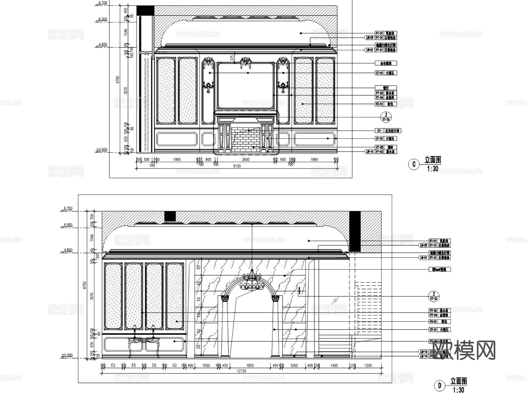 欧式古典二层别墅室内家装CAD施工图整套cad施工图