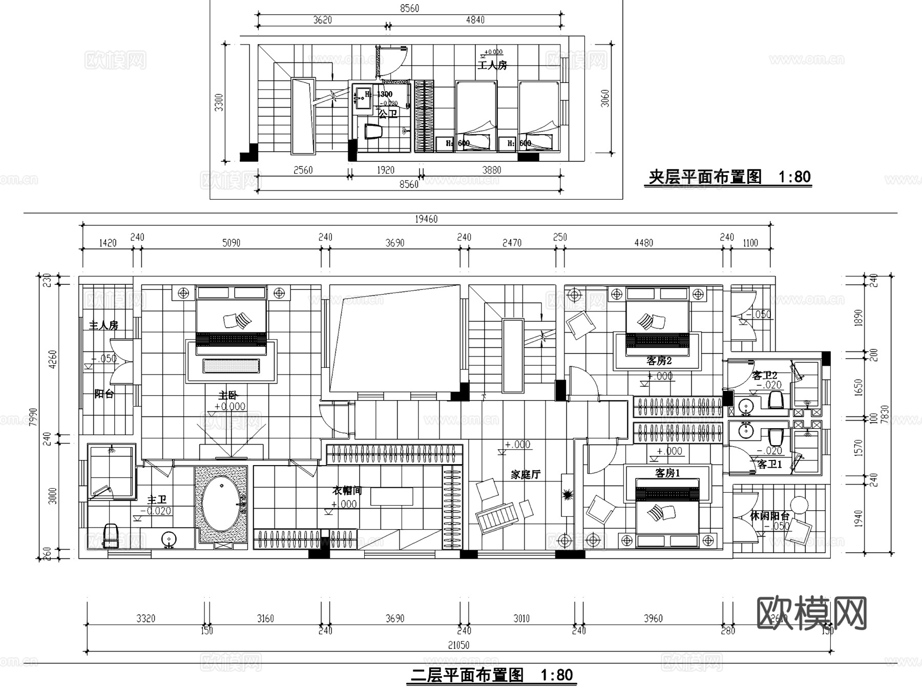 曦城现代私宅三层别墅室内家装CAD施工图整套cad施工图