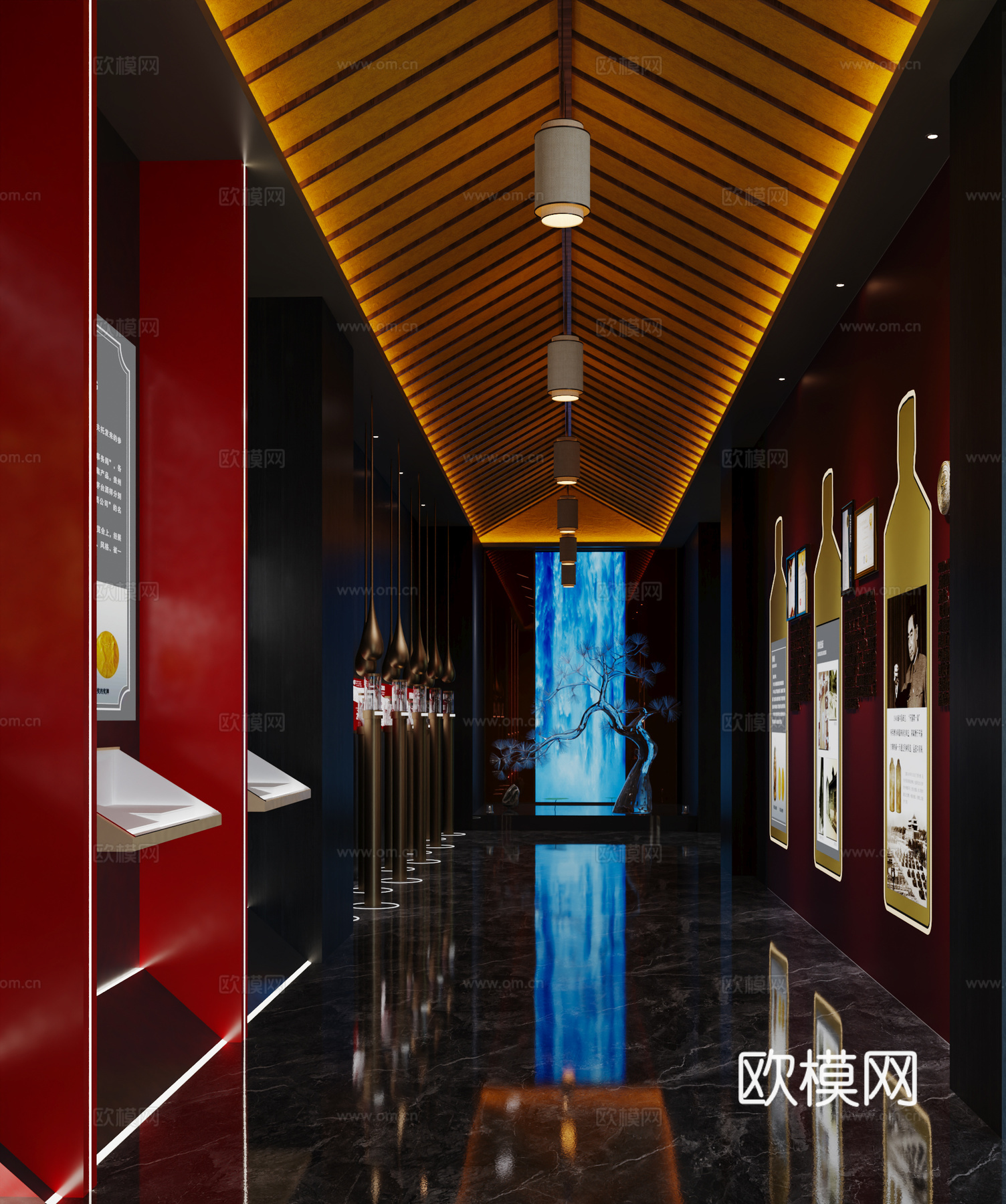 新中式白酒展厅 白酒文化长廊 白酒品尝区 轻奢白酒展厅 茅台3d模型下载（渲染图3）