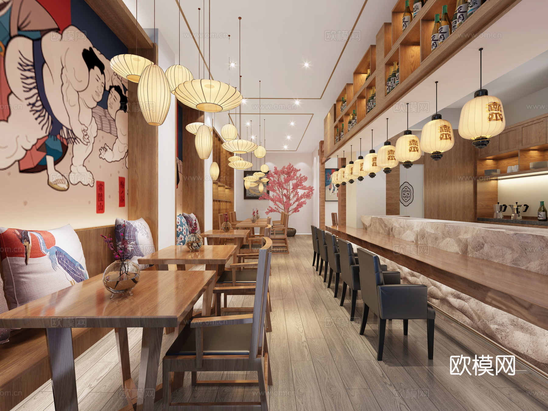 日式餐厅 樱花树 日式灯笼 日式前台3d模型