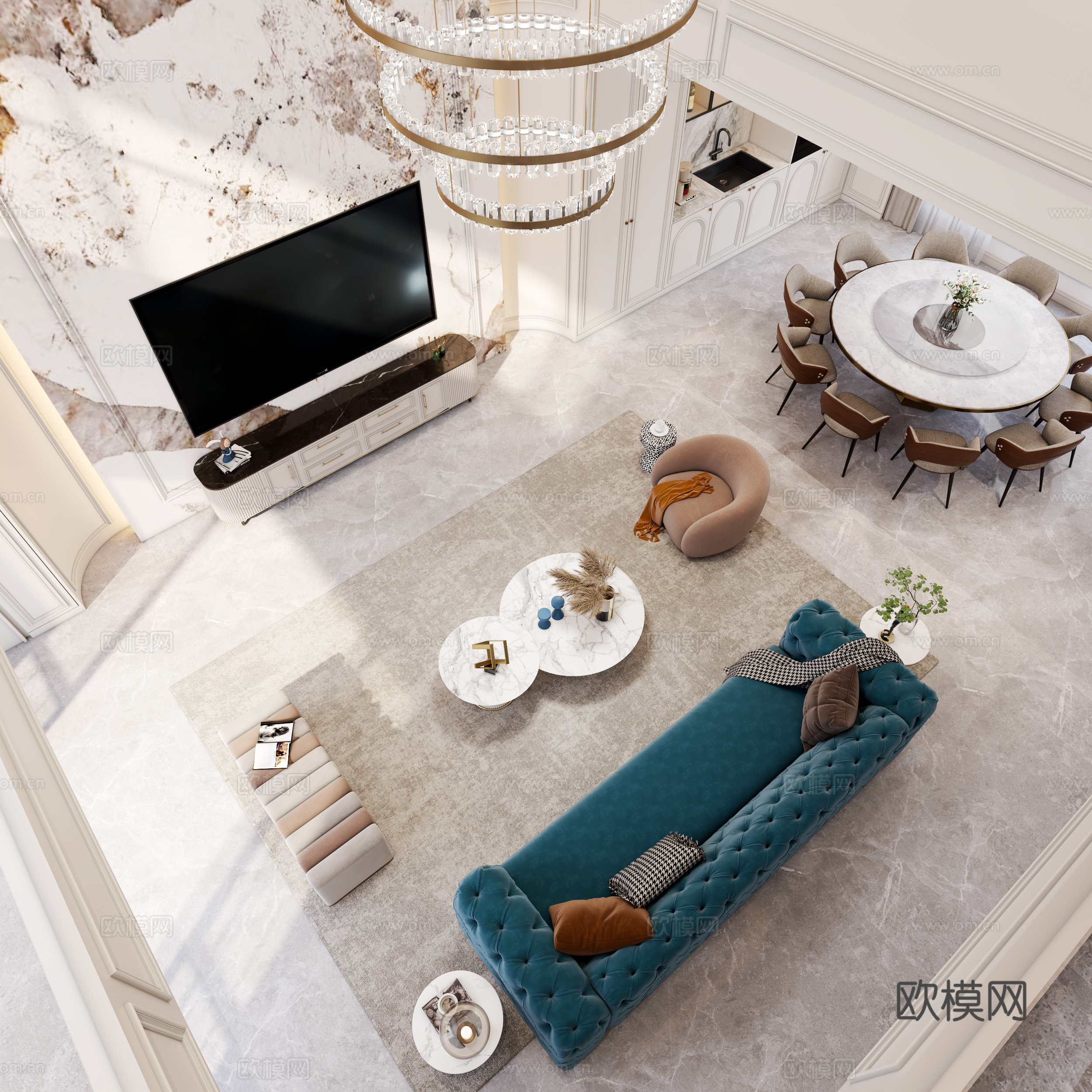 法式挑空别墅客餐厅3d模型