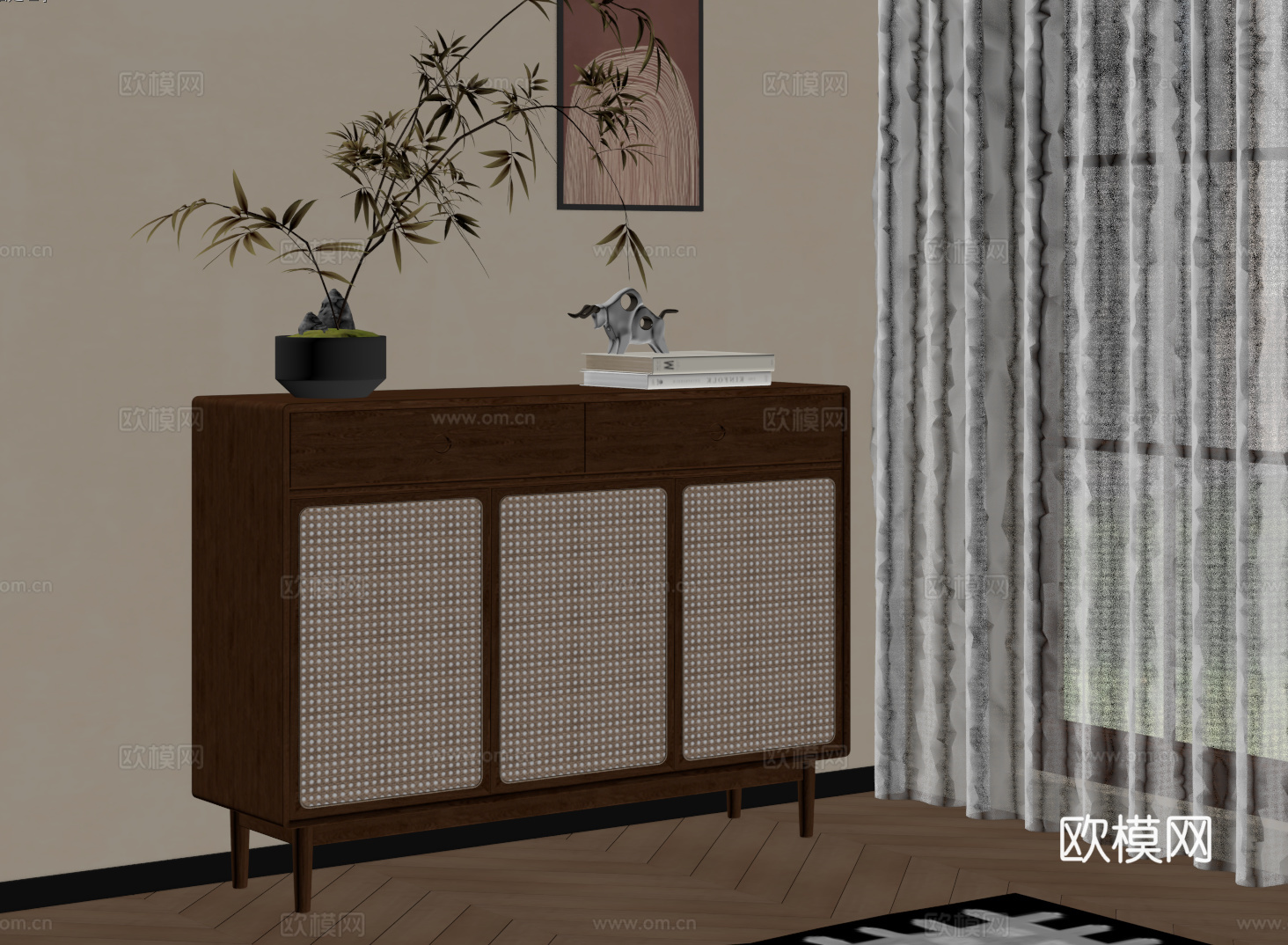 中古侘寂餐边柜 藤编边柜 玄关柜 收纳储物柜 斗柜su模型