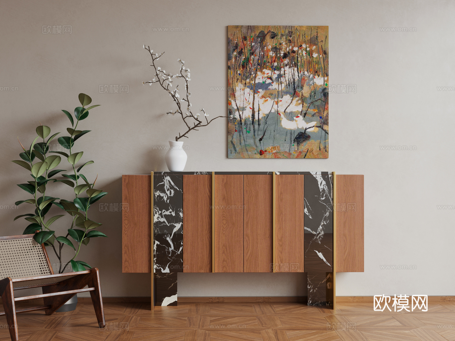 中古风边柜玄关柜su模型